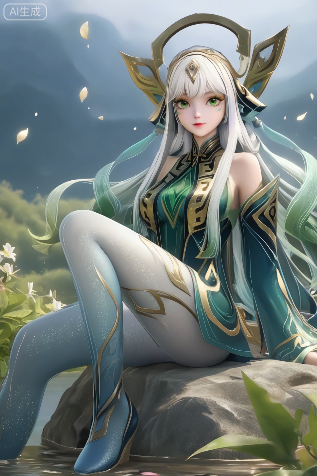 masterpiece, best quality, masterpiece,best quality,official art,extremely detailed CG unity 8k wallpaper,1girl,solo,long hair,hair ornament,headpiece,facial mark,looking at viewer,bangs,dress,white hair,very long hair,green eyes,pantyhose,multicolored hair,grey hair,gradient,gradient hair,eyelashes,realistic,flower,petals,medium breasts,full body,knee up,bare shoulders,gradient pantyhose,white to blue pantyhose,sitting on rock,wrist bow