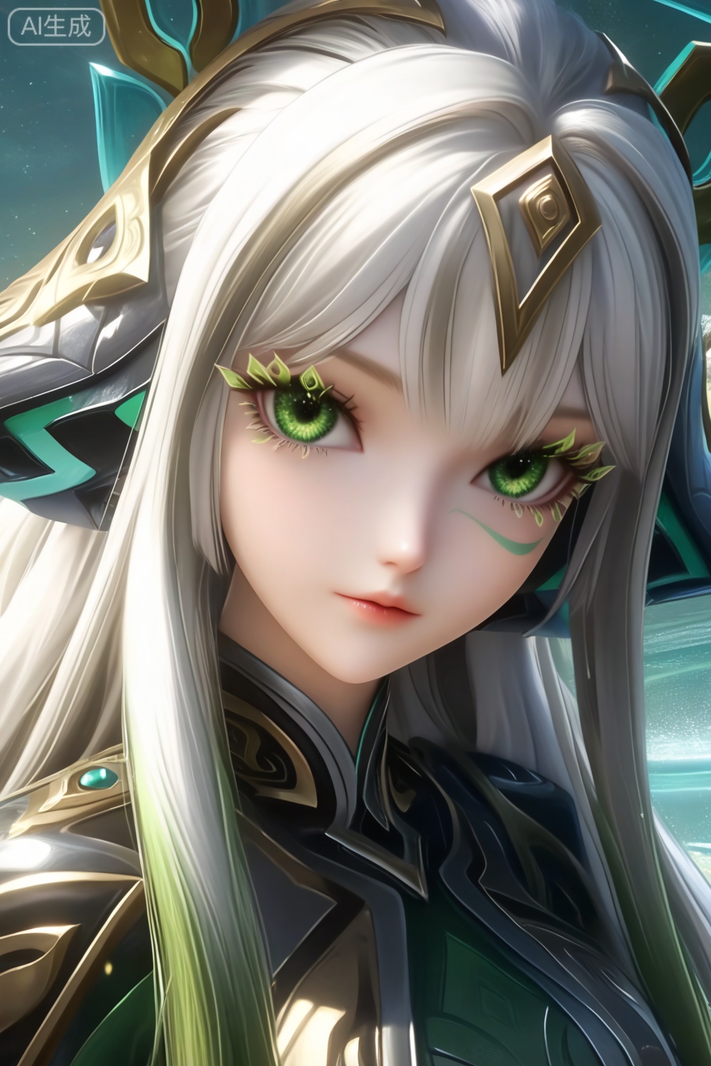 masterpiece, best quality, masterpiece,best quality,official art,extremely detailed CG unity 8k wallpaper,1girl,solo,long hair,hair ornament,headpiece,facial mark,looking at viewer,bangs,white hair,very long hair,green eyes,multicolored hair,grey hair,gradient hair,eyelashes,medium breasts,(solo focus:1.3),portrait