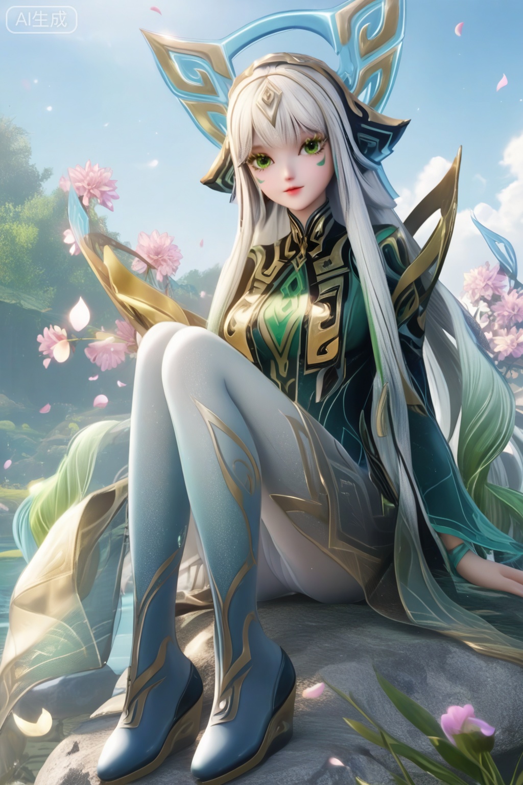 masterpiece, best quality, masterpiece,best quality,official art,extremely detailed CG unity 8k wallpaper,1girl,solo,long hair,hair ornament,headpiece,facial mark,looking at viewer,bangs,dress,white hair,very long hair,green eyes,pantyhose,multicolored hair,grey hair,gradient,gradient hair,eyelashes,realistic,flower,petals,medium breasts,full body,knee up,bare shoulders,gradient pantyhose,white to blue pantyhose,sitting on rock,wrist bow