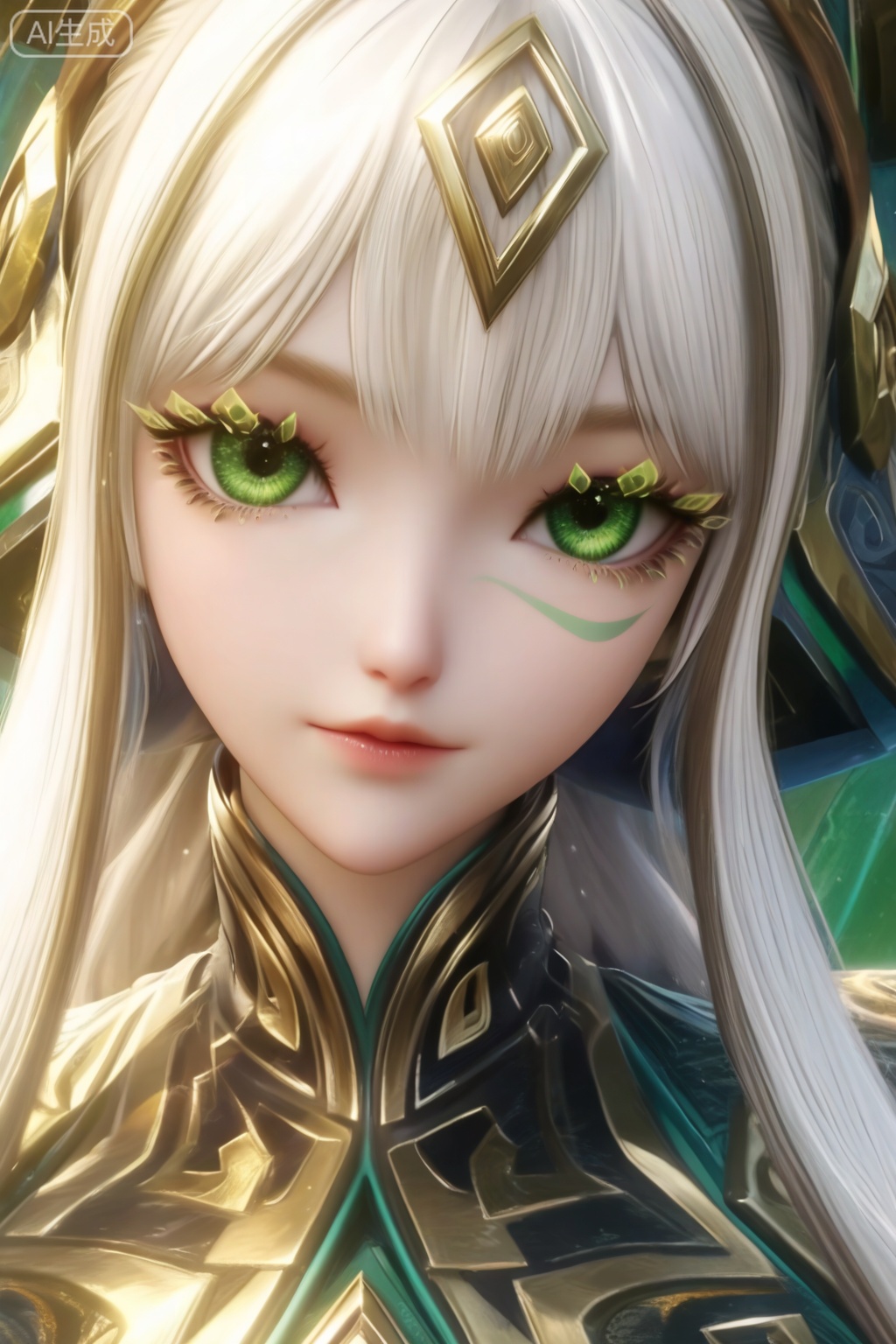 masterpiece, best quality, masterpiece,best quality,official art,extremely detailed CG unity 8k wallpaper,1girl,solo,looking at viewer,bangs,white hair,green eyes,eyelashes,(solo focus:1.3),(portrait:1.3)