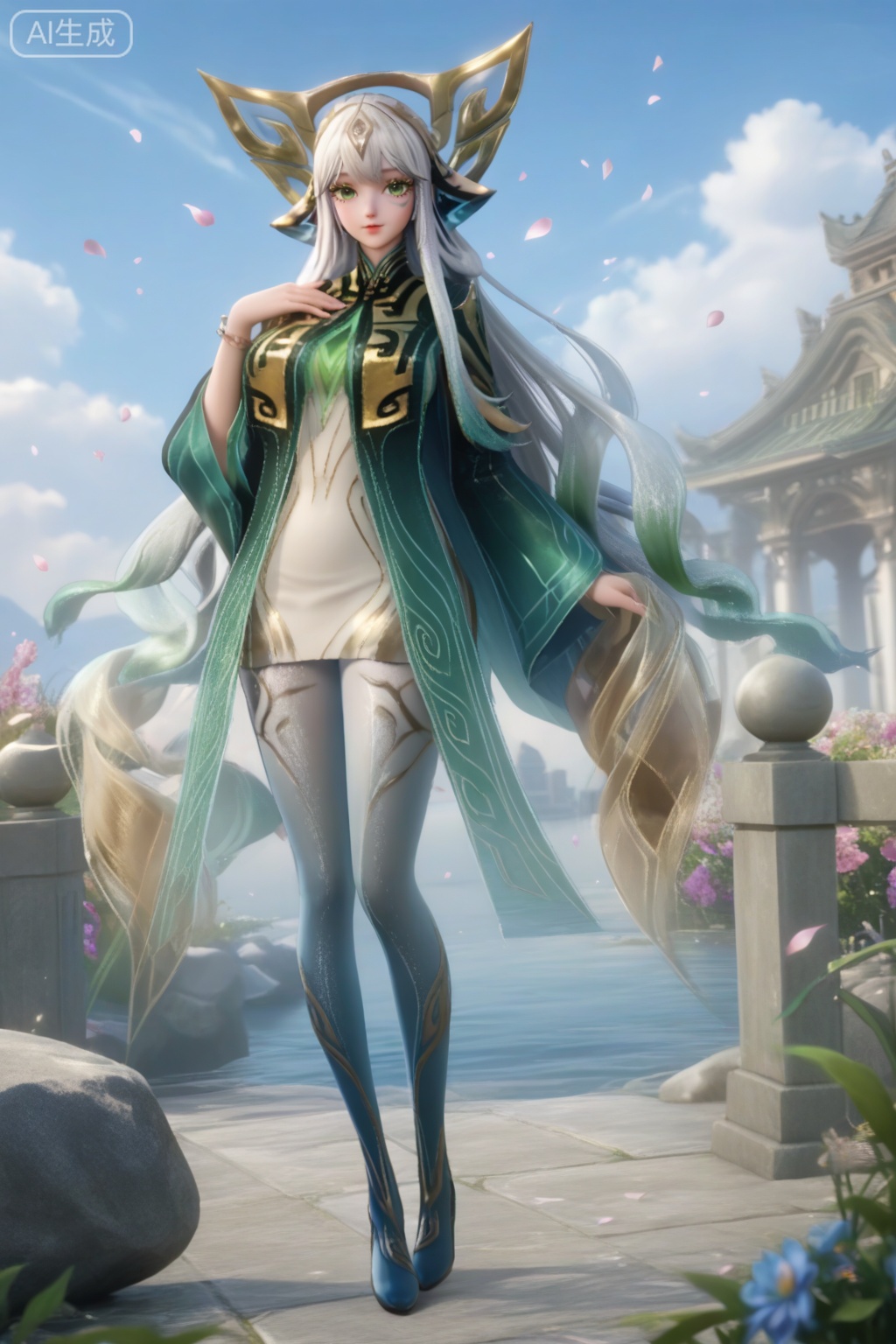 masterpiece, best quality, masterpiece,best quality,official art,extremely detailed CG unity 8k wallpaper,1girl,solo,long hair,hair ornament,headpiece,facial mark,looking at viewer,bangs,dress,white hair,very long hair,green eyes,pantyhose,multicolored hair,grey hair,wide sleeves,gradient,gradient hair,eyelashes,realistic,flower,petals,large breasts, gradient pantyhose,white to blue pantyhose,day,against rock,bracelet,full body,against fence,hand on own chest, hand on another's hip, 