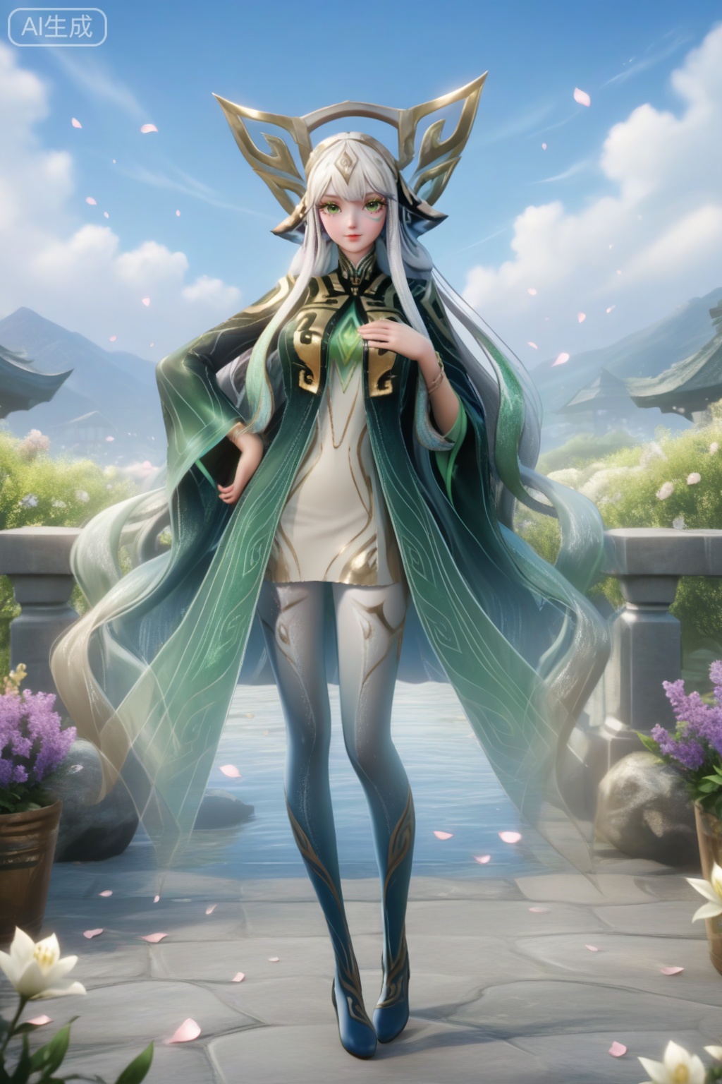 masterpiece, best quality, masterpiece,best quality,official art,extremely detailed CG unity 8k wallpaper,1girl,solo,long hair,hair ornament,headpiece,facial mark,looking at viewer,bangs,dress,white hair,very long hair,green eyes,pantyhose,multicolored hair,grey hair,wide sleeves,gradient,gradient hair,eyelashes,realistic,flower,petals,large breasts, gradient pantyhose,white to blue pantyhose,day,against rock,bracelet,full body,against fence,hand on own chest, hand on another's hip, 