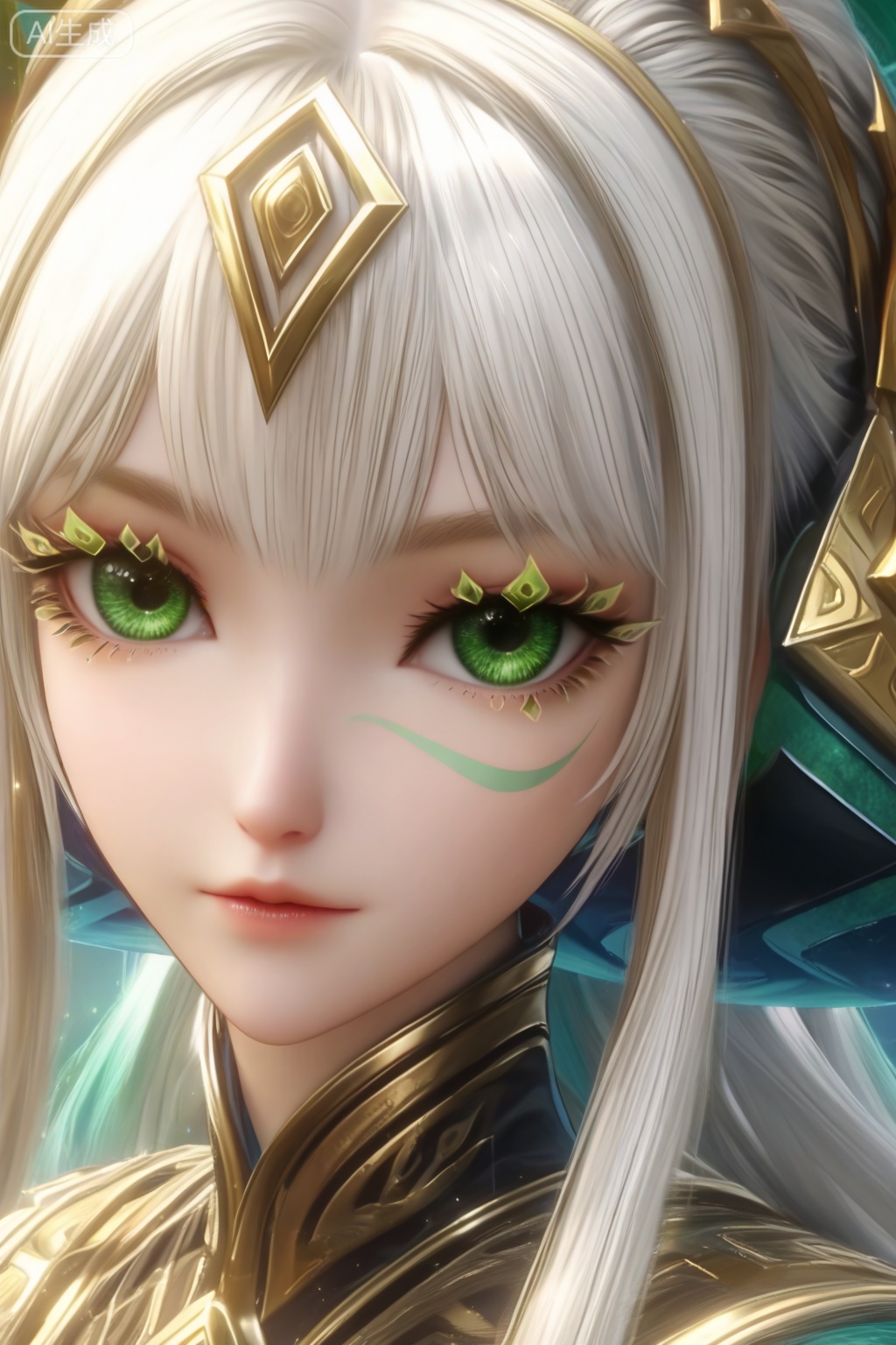 masterpiece, best quality, masterpiece,best quality,official art,extremely detailed CG unity 8k wallpaper,1girl,solo,looking at viewer,bangs,white hair,green eyes,eyelashes,(solo focus:1.3),(portrait:1.3)