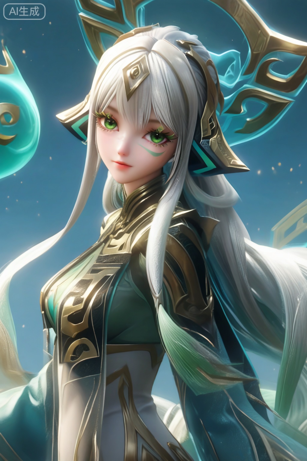 masterpiece, best quality, masterpiece,best quality,official art,extremely detailed CG unity 8k wallpaper,1girl,solo,long hair,hair ornament,headpiece,facial mark,looking at viewer,bangs,white hair,very long hair,green eyes,multicolored hair,grey hair,gradient hair,eyelashes,medium breasts,upper body,thighlet,thighs