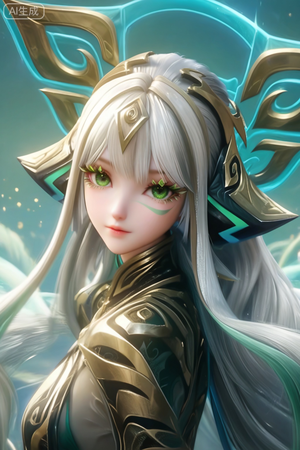 masterpiece, best quality, masterpiece,best quality,official art,extremely detailed CG unity 8k wallpaper,1girl,solo,long hair,hair ornament,headpiece,facial mark,looking at viewer,bangs,white hair,very long hair,green eyes,multicolored hair,grey hair,gradient hair,eyelashes,medium breasts,(solo focus:1.3),(portrait:1.3)