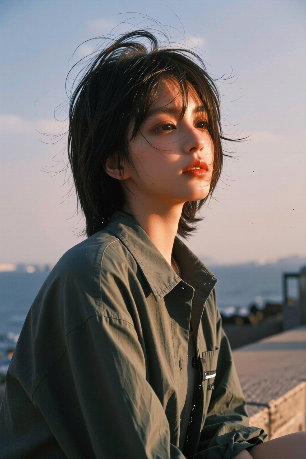 亚洲女性,  一位年轻的亚洲女性,  黑色的头发又短又乱 on Tensor.Art
