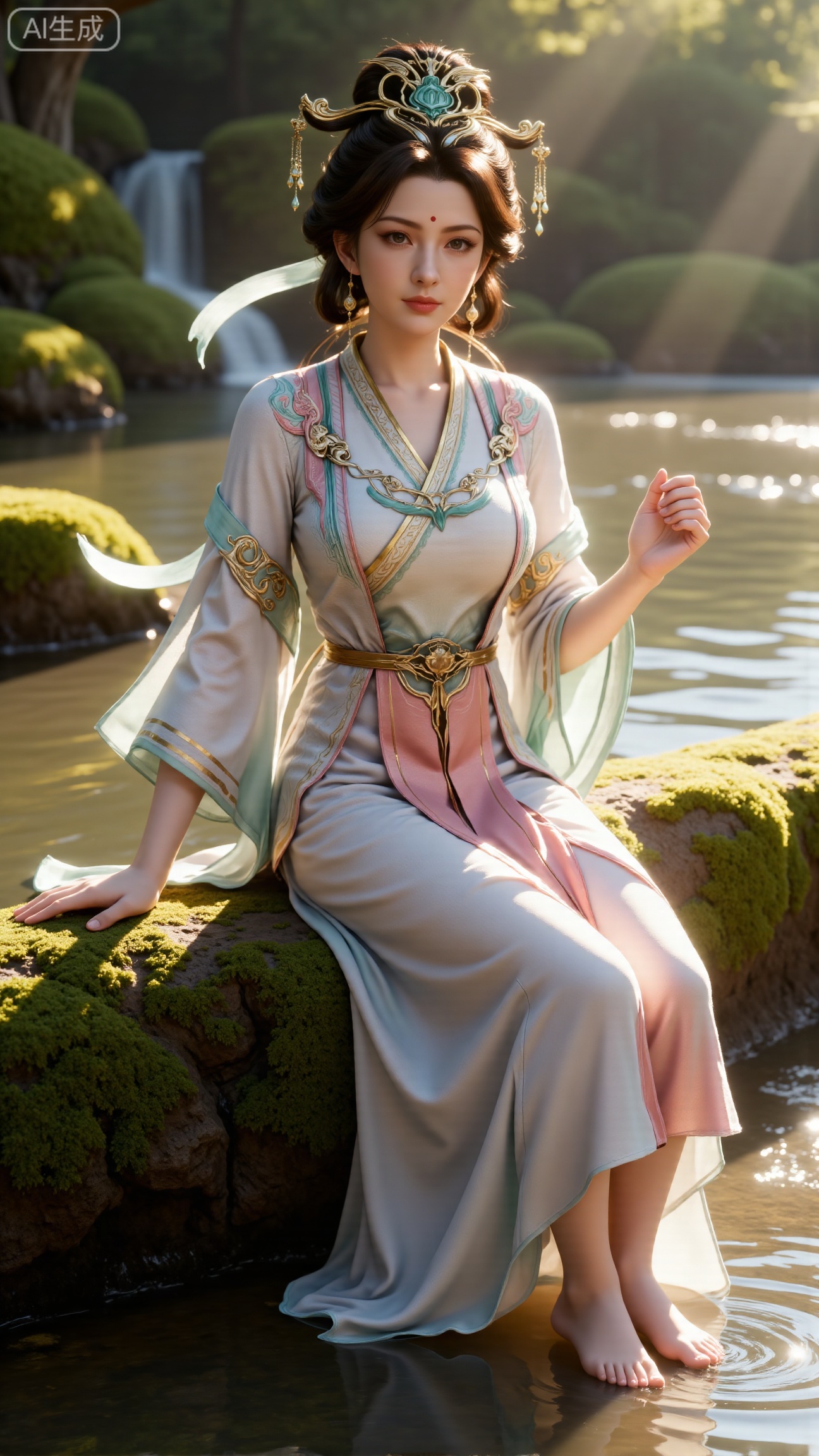 (masterpiece:1.3), ultra-detailed, 8k, photorealistic, best quality, cinematic lighting, volumetric sunlight, soft shadows, subsurface scattering, depth of field, A stunning young woman sits gracefully barefoot on a moss-covered rock beside a crystal-clear stream in a tranquil forest. The sunlight filters through the trees, casting dappled golden light on her smooth skin and the rippling water. She wears an exquisite long dress with fine pink and gold embroidery across the chest and short sleeves. Her long, dark hair flows naturally over her shoulders, softly illuminated by the warm light. Her bare feet touch the cool moss and shallow water, adding a sense of intimacy and realism. One hand rests gently on her hip, while the other holds a blooming lotus flower, her expression calm and serene. Mist rises gently from the water, with reflections dancing on the surface, creating a peaceful, ethereal atmosphere. (background with mossy stones, flowing stream, forest sunlight, soft haze, and gentle reflections:1.6), (realistic skin texture:1.3), (natural color tones:1.3), (film look:1.2) (huge breasts:2.99),(full breasts:2.99),  , 
,Xbigbreasts,XmupeilingXYH2,XmuplXYH,XmupeilingXYH,XmuplXYH,Xchangtui,Xxiao2chu,Xhuoyuner2,Xyaoxx,XnangwXM,XyueshangshiGNB