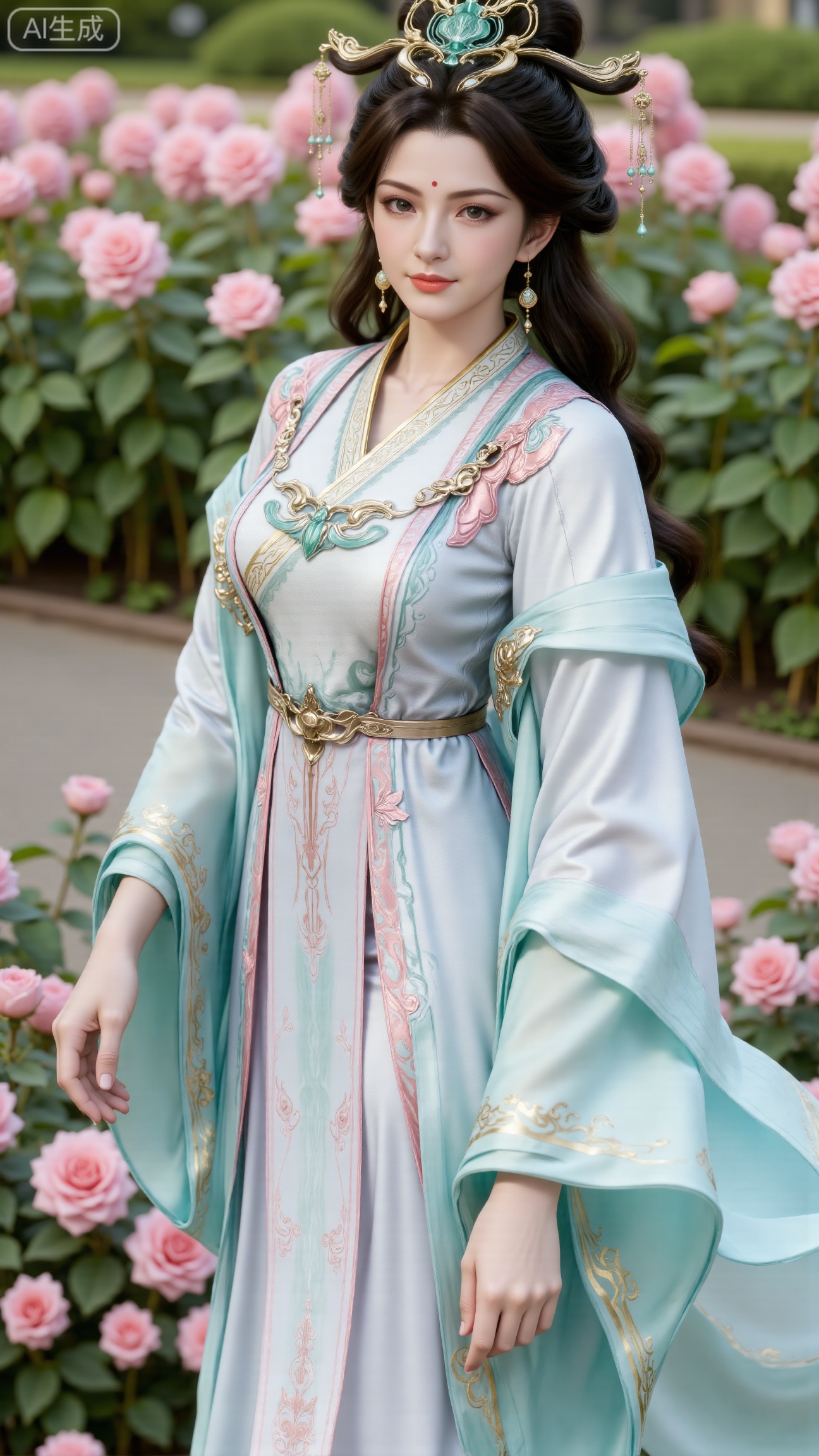 (masterpiece:1.2),best quality,,A woman adorned in traditional Chinese attire,( long dress,black long hair),featuring a flowing robe with intricate embroidery and floral accents. A garden filled with pink roses and lush greenery. Soft pastel hues of white,blue,and green,creating a serene atmosphere. Photorealistic photography.,(huge breasts:2.99),(full breasts:2.99),, , 
,Xbigbreasts,XmupeilingXYH2,XmuplXYH,XmupeilingXYH,XmuplXYH,Xchangtui,Xxiao2chu,Xhuoyuner2,Xyaoxx,XnangwXM,XyueshangshiGNB