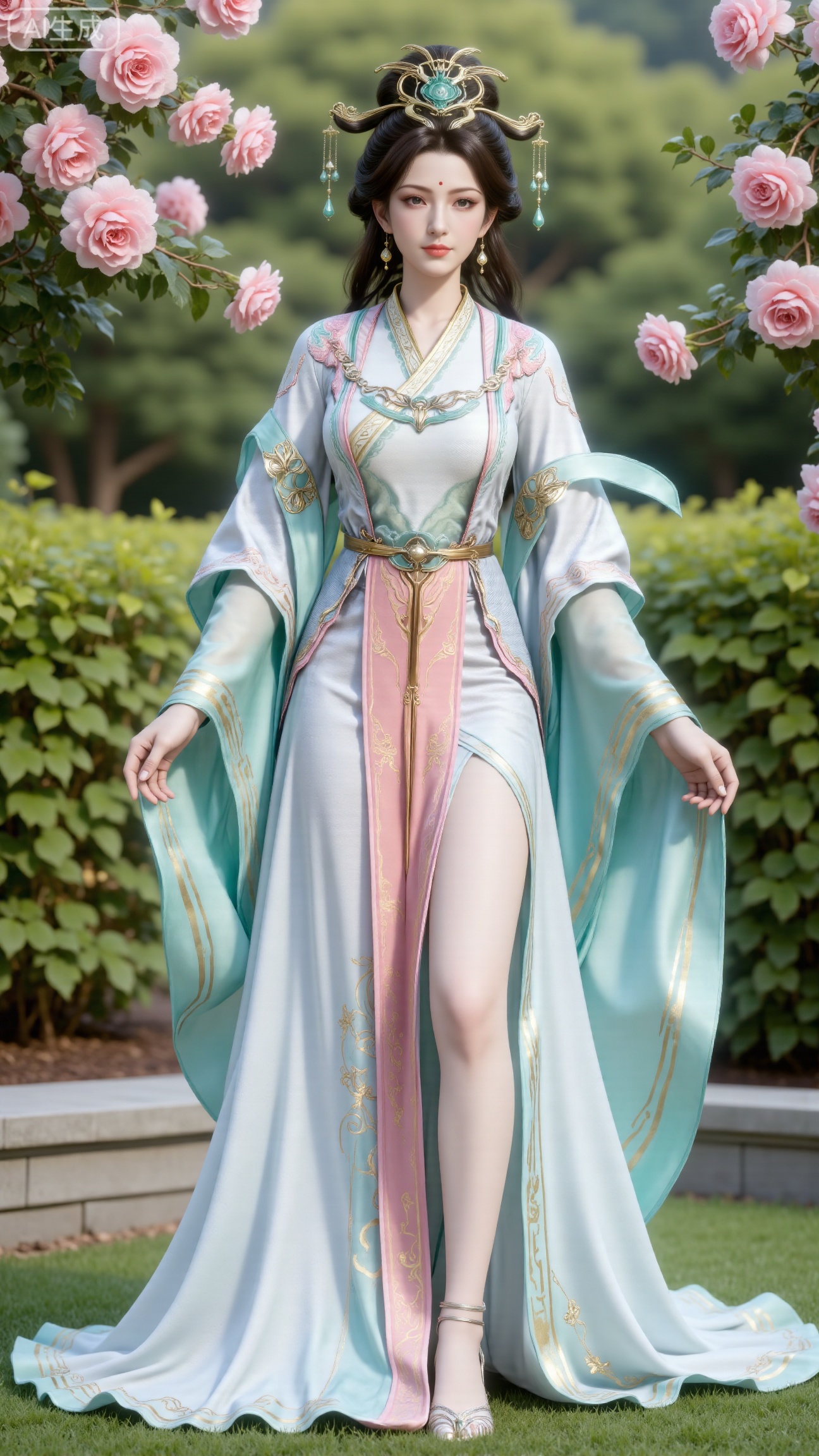 (masterpiece:1.2),best quality,,A woman adorned in traditional Chinese attire,( long dress,black long hair),featuring a flowing robe with intricate embroidery and floral accents. A garden filled with pink roses and lush greenery. Soft pastel hues of white,blue,and green,creating a serene atmosphere. Photorealistic photography.,(huge breasts:2.99),(full breasts:2.99),, , 
,Xbigbreasts,XmupeilingXYH2,XmuplXYH,XmupeilingXYH,XmuplXYH,Xchangtui,Xxiao2chu,Xhuoyuner2,Xyaoxx,XnangwXM,XyueshangshiGNB