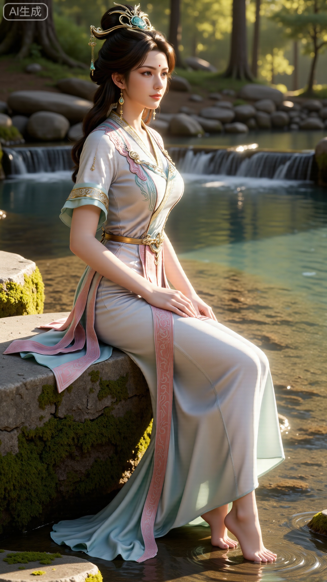 (masterpiece:1.3), ultra-detailed, 8k, photorealistic, best quality, cinematic lighting, volumetric sunlight, soft shadows, subsurface scattering, depth of field, A stunning young woman sits gracefully barefoot on a moss-covered rock beside a crystal-clear stream in a tranquil forest. The sunlight filters through the trees, casting dappled golden light on her smooth skin and the rippling water. She wears an exquisite long dress with fine pink and gold embroidery across the chest and short sleeves. Her long, dark hair flows naturally over her shoulders, softly illuminated by the warm light. Her bare feet touch the cool moss and shallow water, adding a sense of intimacy and realism. One hand rests gently on her hip, while the other holds a blooming lotus flower, her expression calm and serene. Mist rises gently from the water, with reflections dancing on the surface, creating a peaceful, ethereal atmosphere. (background with mossy stones, flowing stream, forest sunlight, soft haze, and gentle reflections:1.6), (realistic skin texture:1.3), (natural color tones:1.3), (film look:1.2) (huge breasts:2.99),(full breasts:2.99),  , 
,Xbigbreasts,XmupeilingXYH2,XmuplXYH,XmupeilingXYH,XmuplXYH,Xchangtui,Xxiao2chu,Xhuoyuner2,Xyaoxx,XnangwXM,XyueshangshiGNB