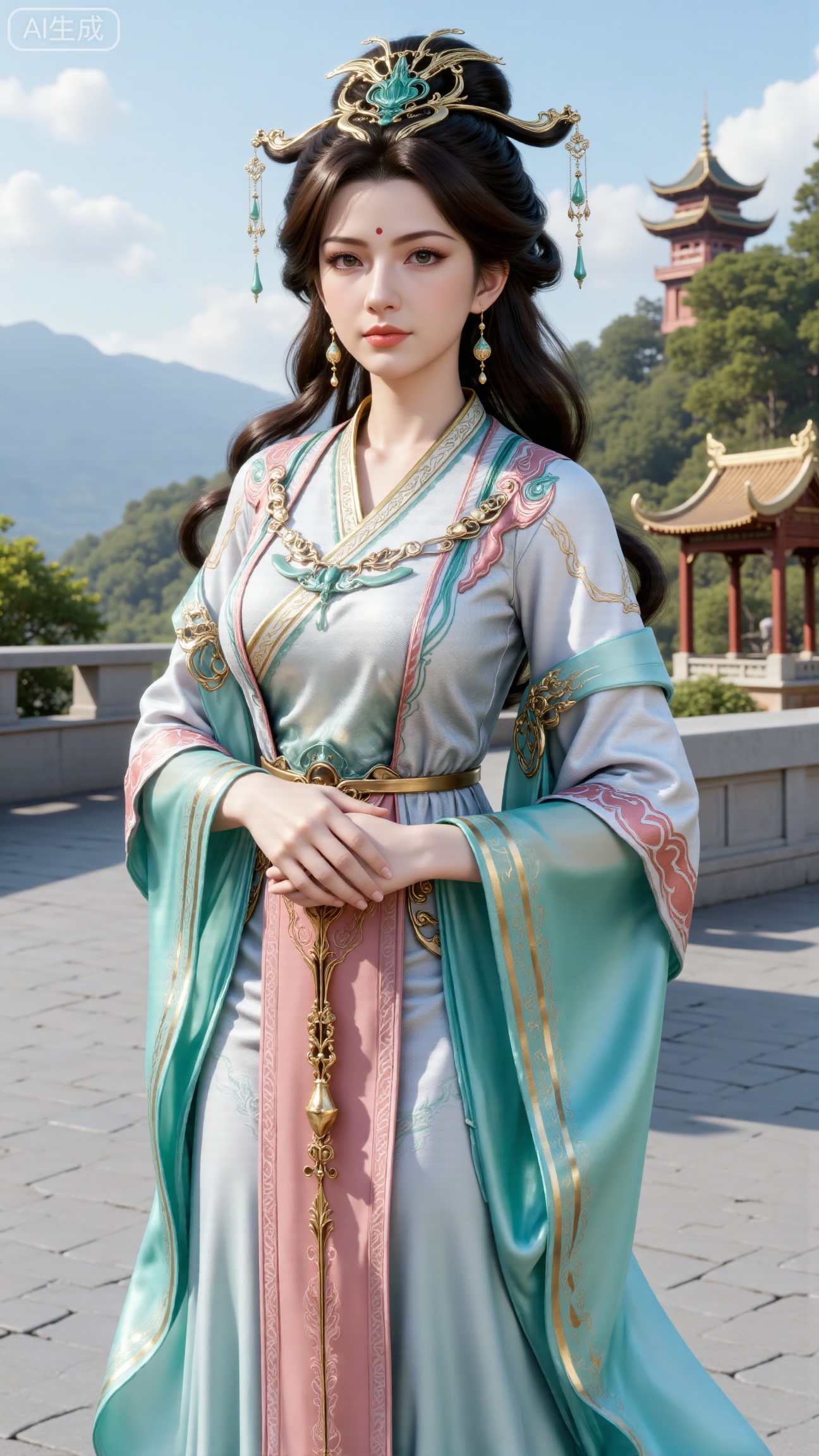 (masterpiece, best quality:1.2),1 girl, solo, long hair, black hair, hair accessories, clothing, cleavage cuts, long dress, jewelry, upper body, earrings. Background is outdoor, sky, clouds, water, trees, architecture, landscape, lantern, mountain, dragon, architecture, bridge, east Asian architecture, fog, pagoda,,(huge breasts:2.99),(full breasts:2.99),,, 
,Xbigbreasts,XmupeilingXYH2,XmuplXYH,XmupeilingXYH,XmuplXYH,Xchangtui,Xxiao2chu,Xhuoyuner2,Xyaoxx,XnangwXM,XyueshangshiGNB,Xxiwangmu