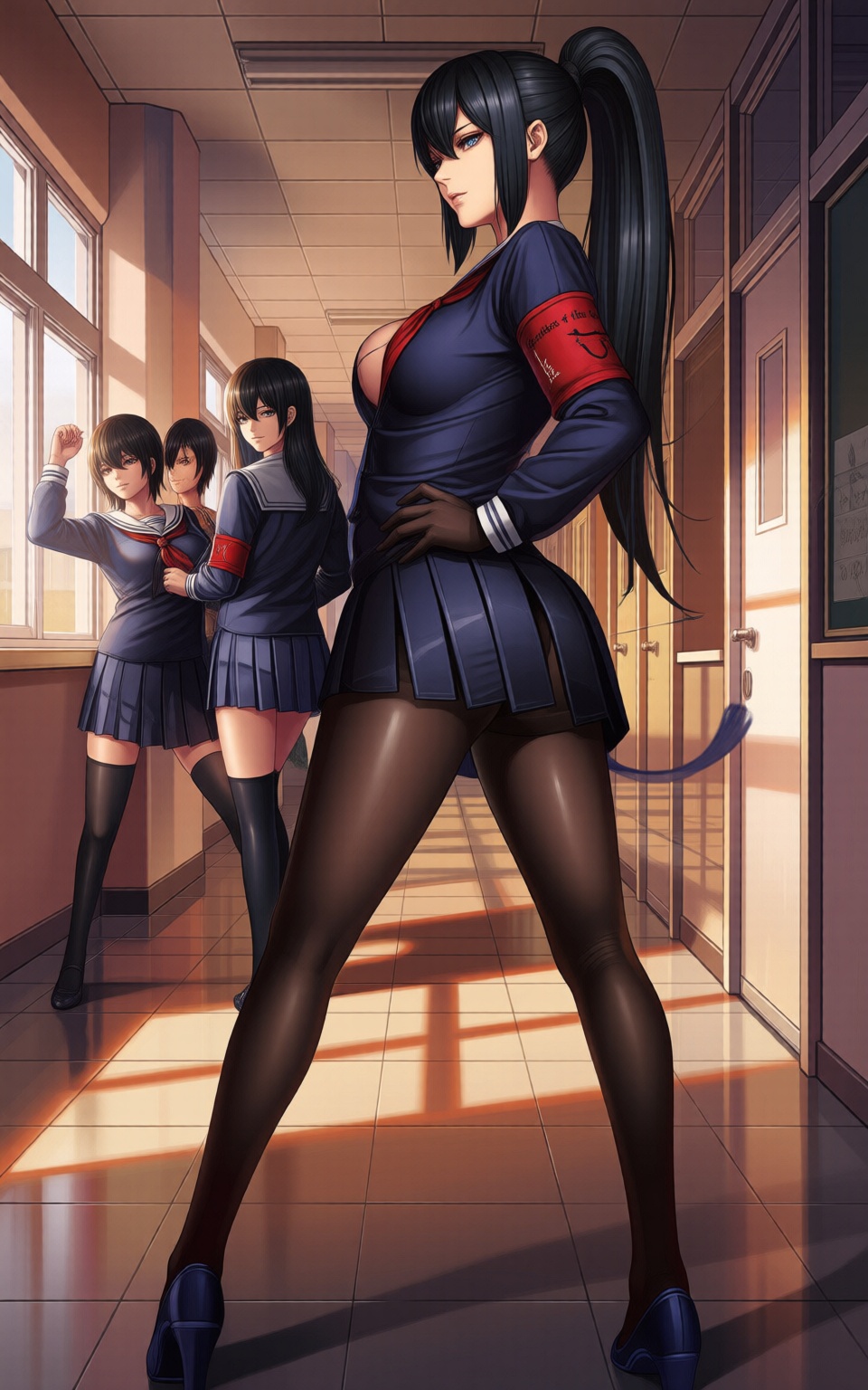 D@nt3W0ntD13,  Create a vivid,  anime-style illustration of a school hallway bathed in warm on Tensor.Art