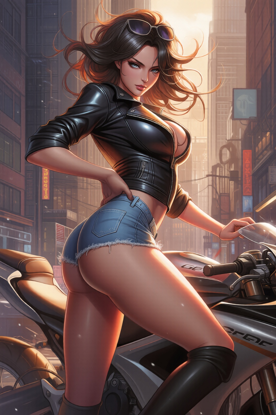 D@nt3W0ntD13,  Create a vibrant and captivating illustration of a sexy biker girl exuding confidence and attitude. She is...
