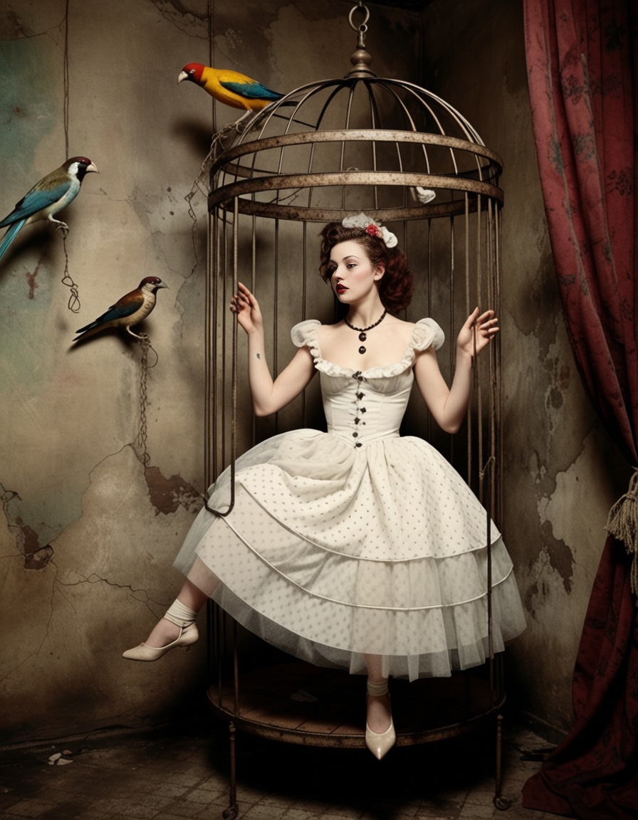 ehsaudek,  1girl in 1950s polka-dot dress floating inside giant birdcage on Tensor.Art