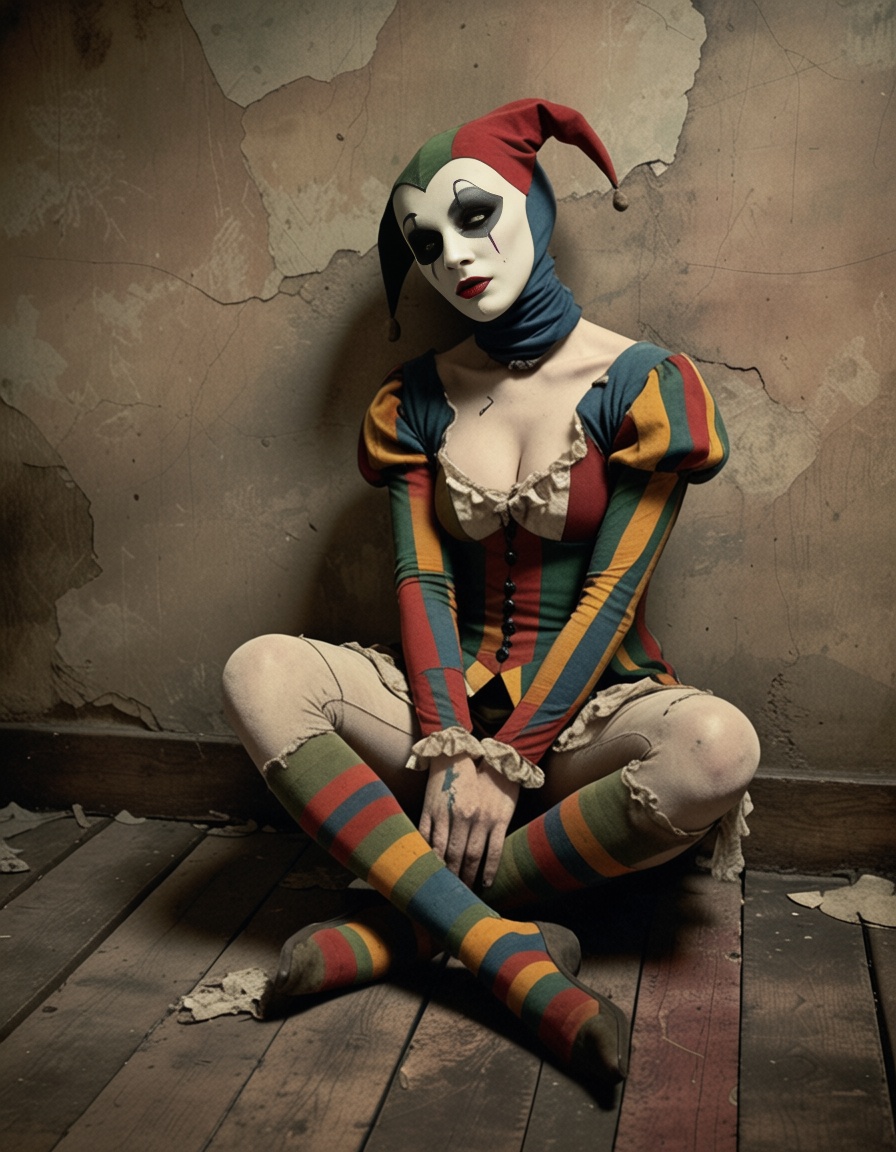 ehsaudek,  1girl in harlequin costume with cracked mask,  sitting on wooden floor on Tensor.Art