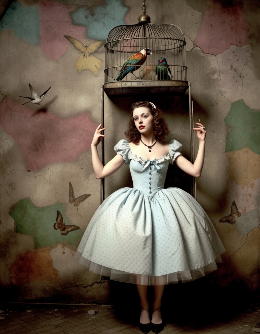 ehsaudek,  1girl in 1950s polka-dot dress floating inside giant birdcage on Tensor.Art