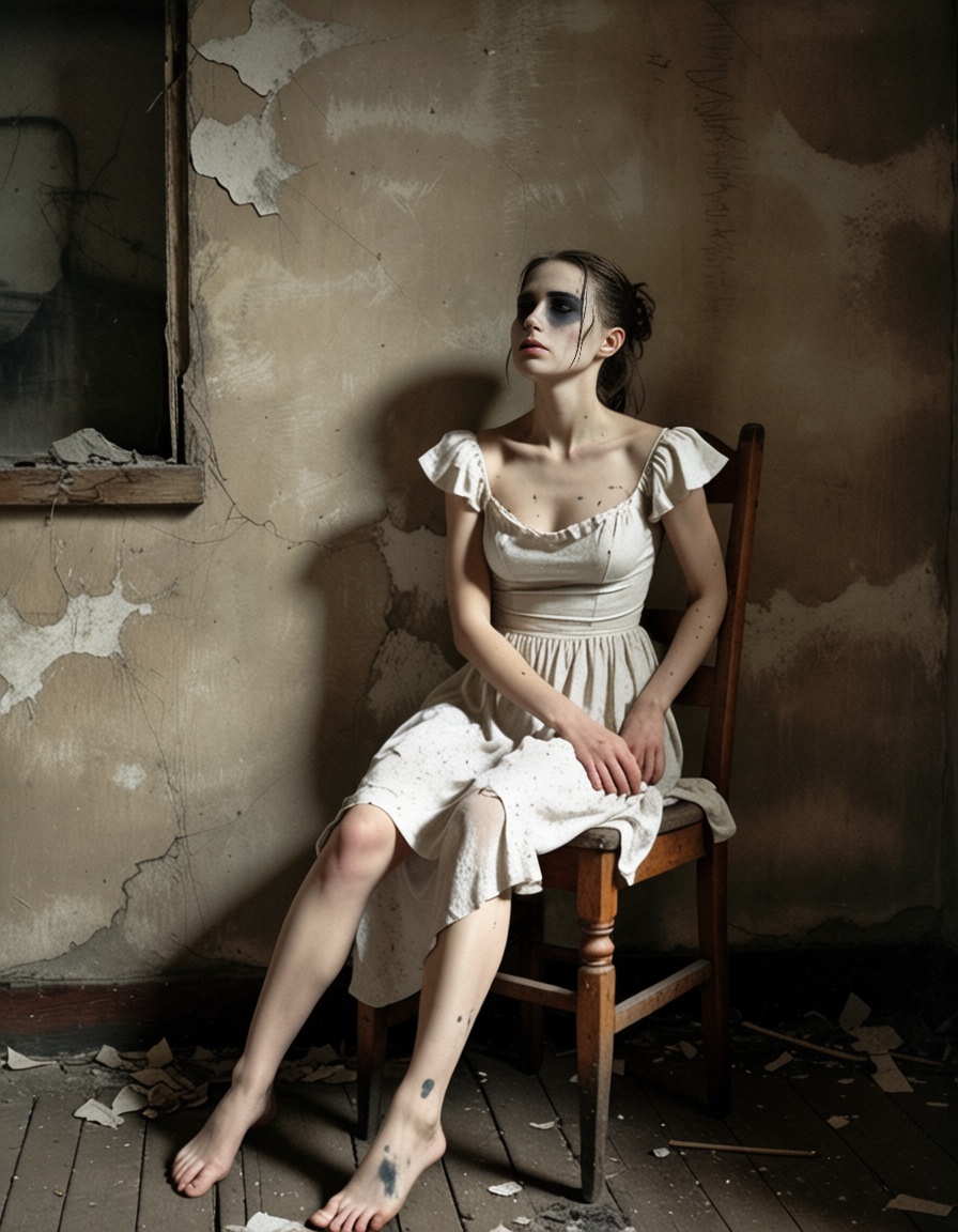 ehsaudek,  1girl with black tears and white dress,  sitting on old wooden chair on Tensor.Art