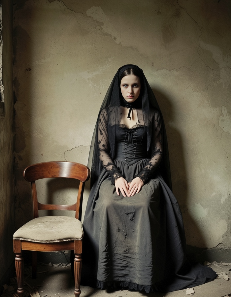 ehsaudek,  1girl in victorian mourning dress with black veil,  sitting on antique chair against cracked wall on Tensor.Art