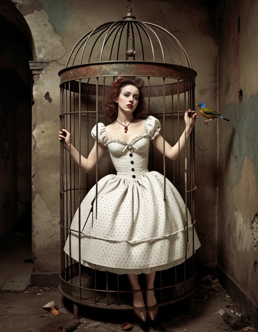ehsaudek,  1girl in 1950s polka-dot dress floating inside giant birdcage on Tensor.Art