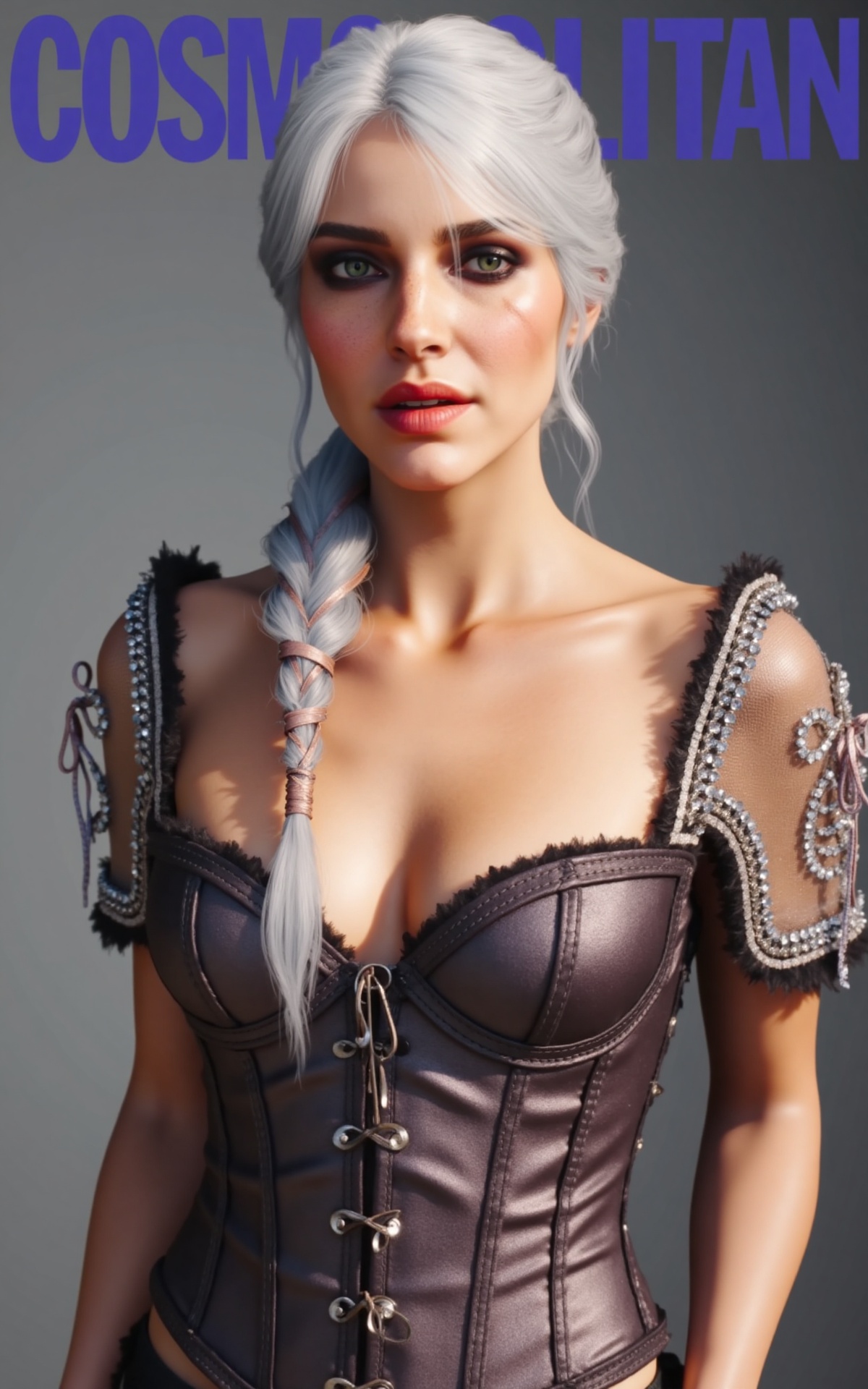 A glamorous magazine cover for Cosmopolitan featuring a striking CiriW4 with green eyes,  white hair,  single braid center...