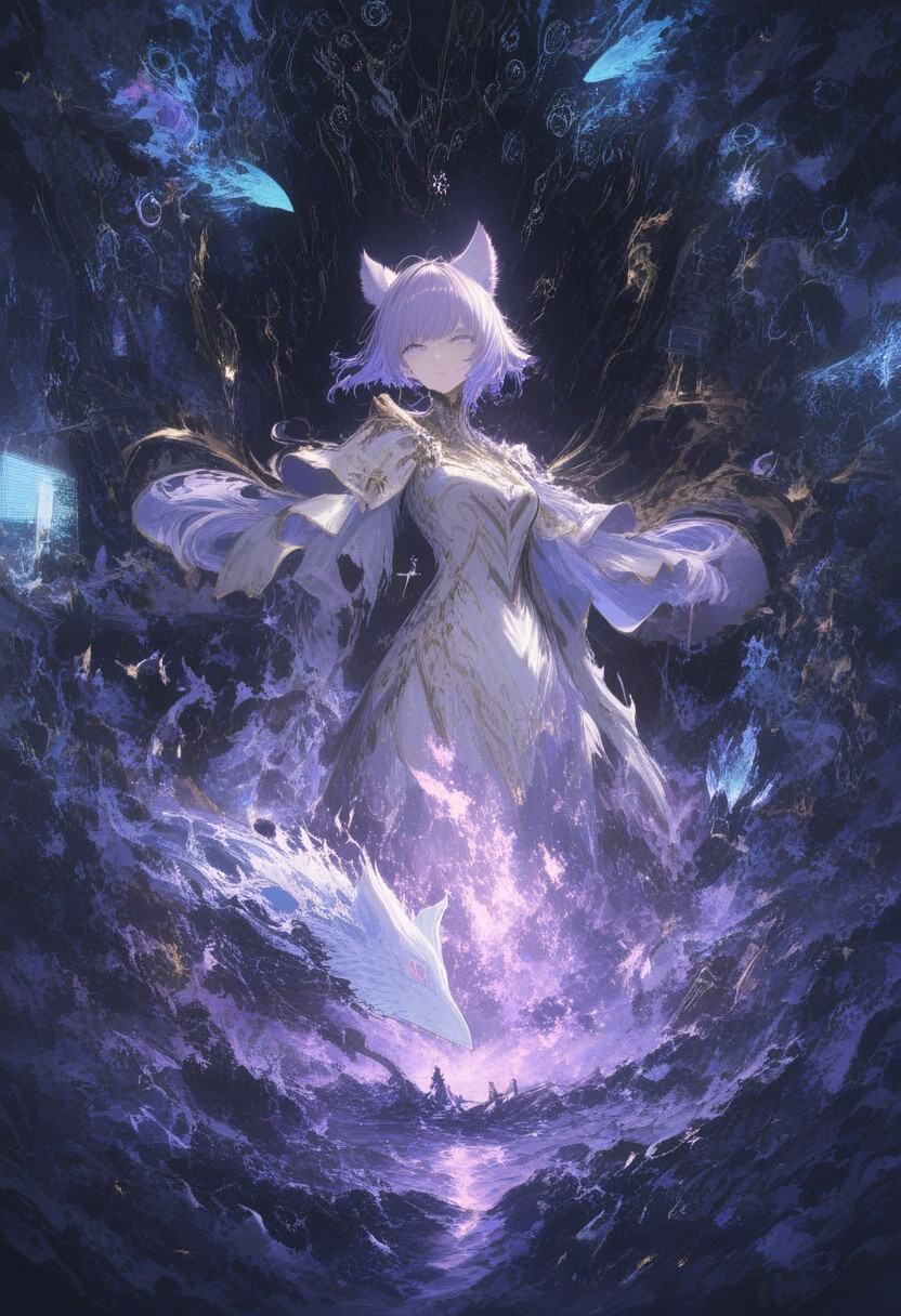 glowing scarf,  surrounded by holographic dolphins,  perpetual disintegration on Tensor.Art
