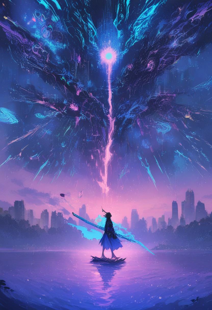 wavy hair,  neon-edged drum set. Metronome skyscraper foreground,  long curly hair on Tensor.Art