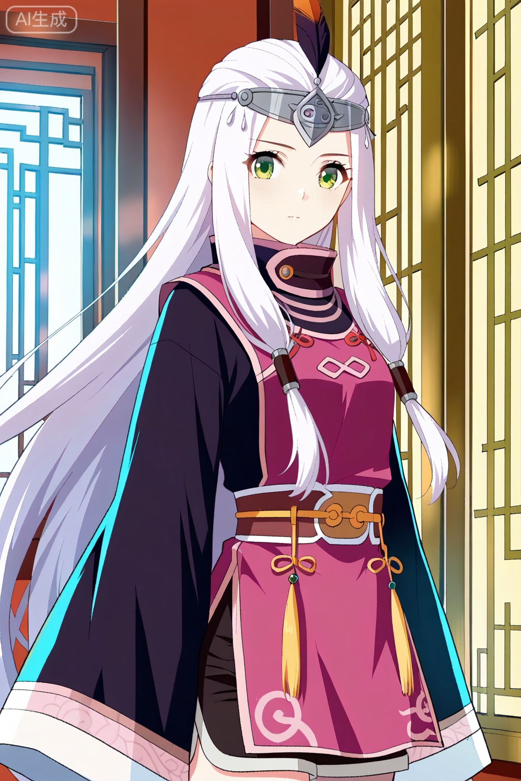 
Random scene,Random scene,
upper body,looking at viewer,
小医仙,masterpiece,best quality,official art,extremely detailed CG unity 8k wallpaper,1girl, solo, green eyes, hair tubes, sidelocks, very long hairchinese clothes, robe, long sleeves, wide sleeves, circlet,forehead protector, feathers, sleeves past fingers, black shorts, white hair,