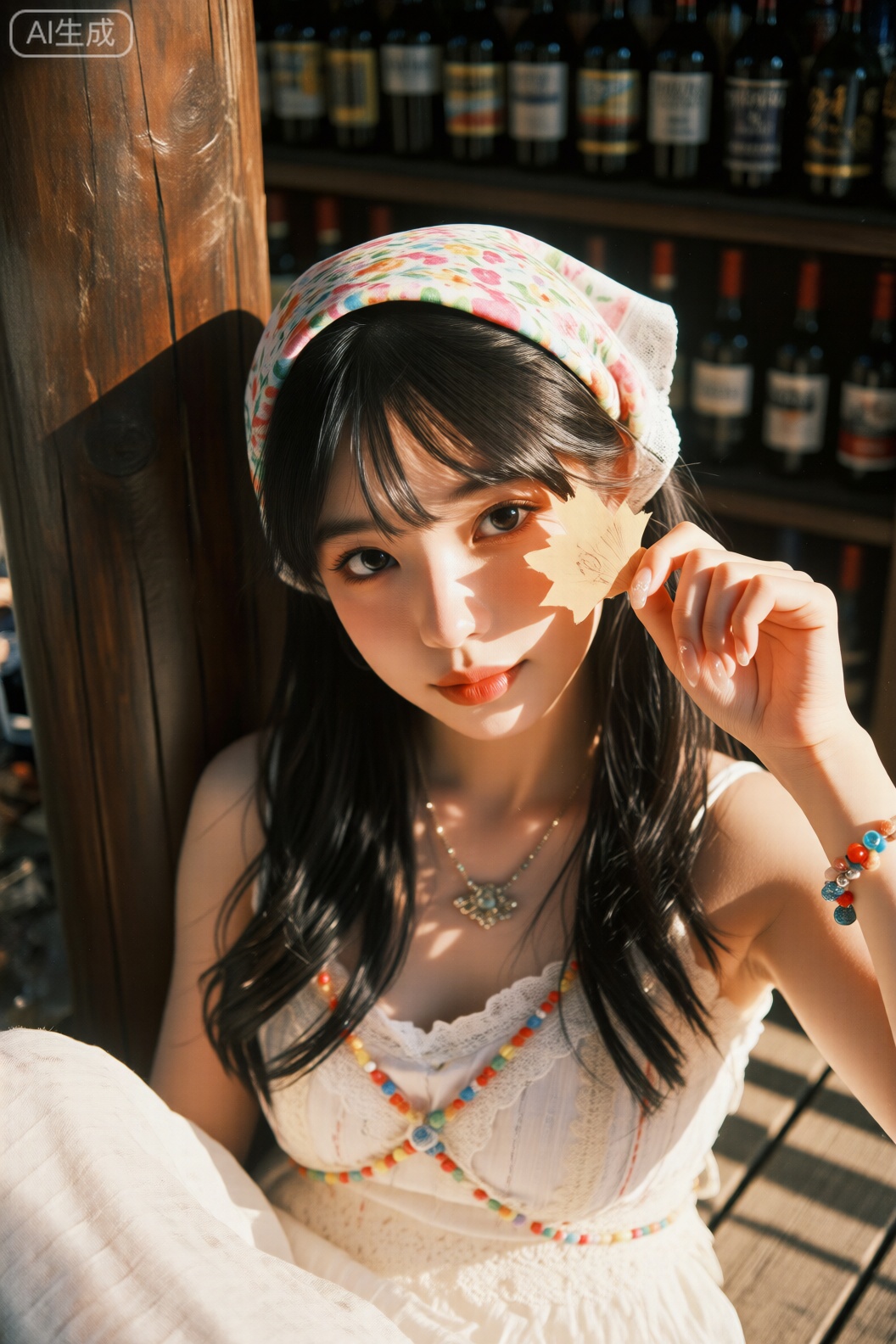 亚洲女性,
皮肤白皙,黑直发,头戴花卉头巾,身穿白色蕾丝边连衣裙,佩戴精致项链。她坐在阳光下的户外,右手拿着一张靠近脸的小纸,纸上戴着彩色串珠手镯。她杏仁形的大眼睛微微低垂,涂着淡粉色的口红。背景是一根木柱和一个装满各种葡萄酒瓶的架子。阳光投射出柔和的阴影,给场景增添了温暖。整体气氛轻松又充满夏日气息。