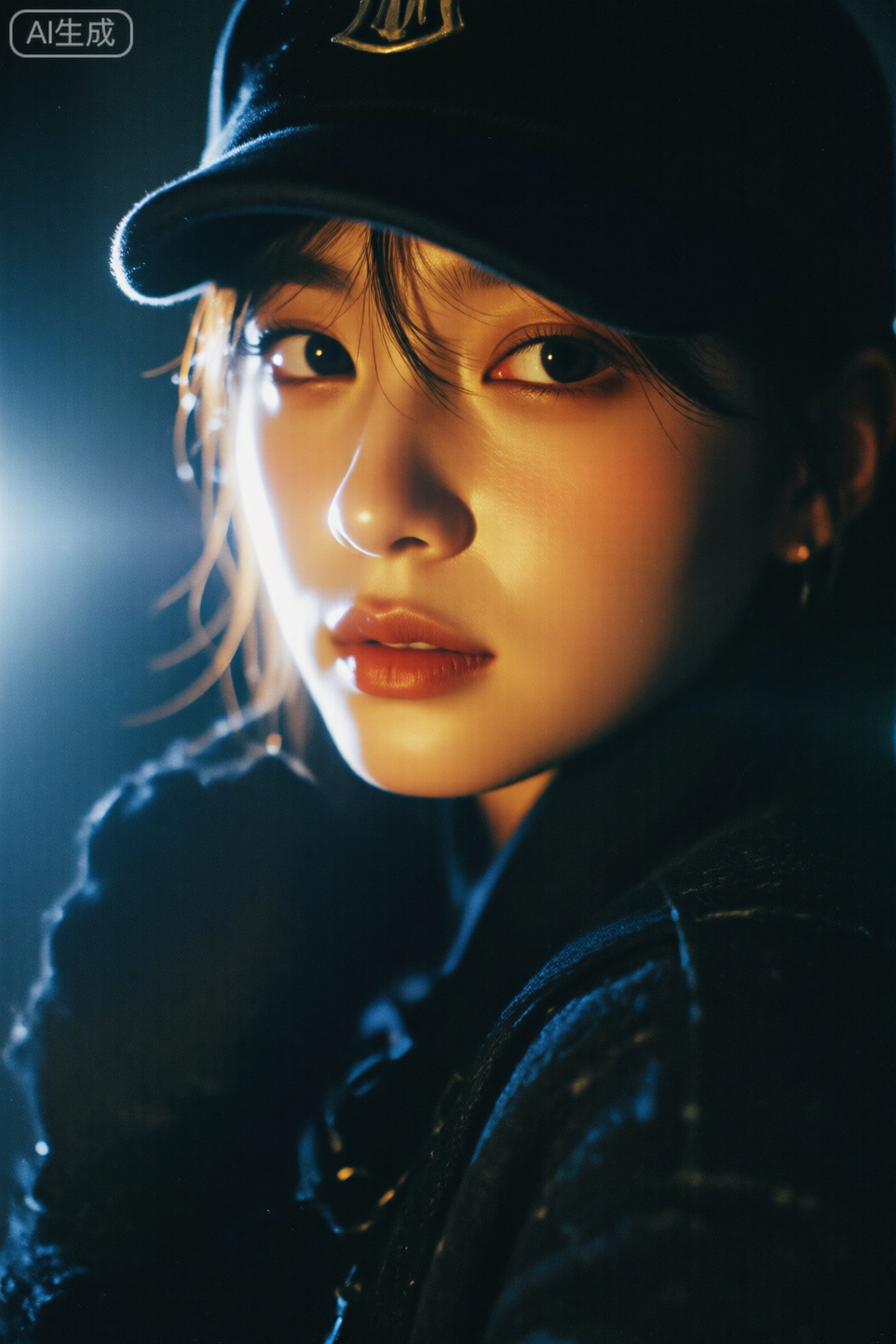 亚洲女性,
这是一张年轻女子的照片,她皮肤白皙,浅棕色头发部分被黑色棒球帽遮住。她表情严肃,嘴唇微微张开,深棕色的眼睛充满深情。灯光非常引人注目,蓝色的光芒突出了她的脸,营造出阴影和喜怒无常的氛围。她穿着一件深色、有纹理的夹克。背景变得模糊,柔和的漫射光增加了深度。这张照片具有轻微的颗粒纹理,增强了其复古的电影感。整体构图集中在她的脸上,强调她坚定而沉思的目光。