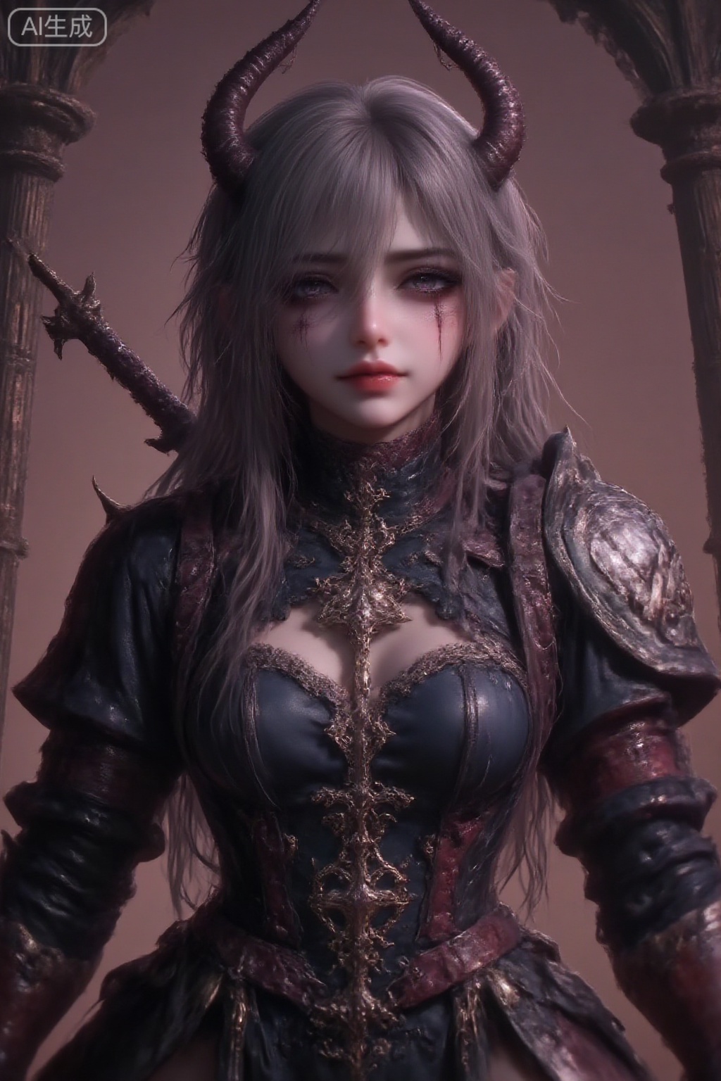 Slaanesh,一个女妖,面部湿润,红晕,眼睛发光,舌头,眼部下方有图腾纹,克苏鲁元素,章鱼触角,汗渍,粘液