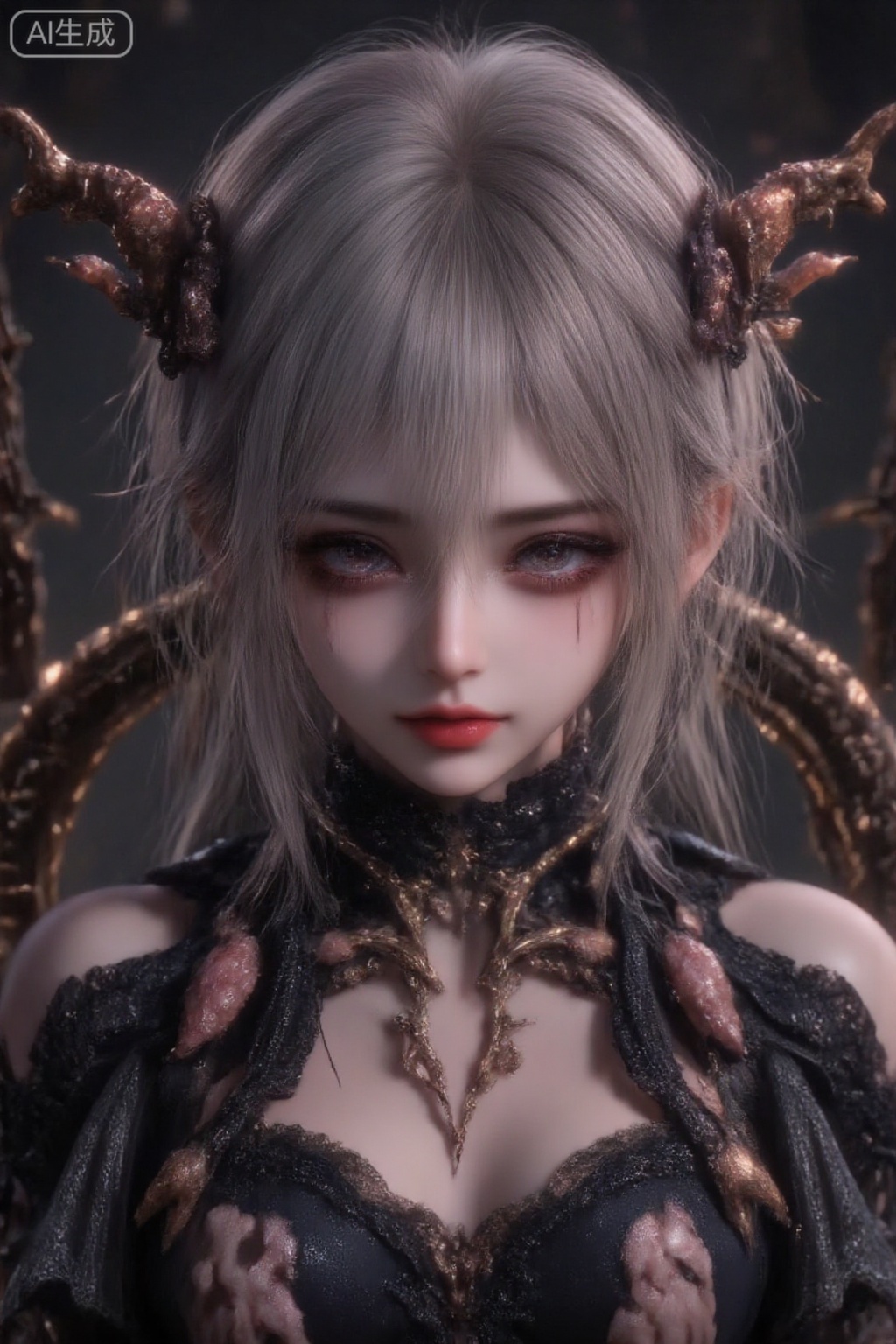 Slaanesh,一个女妖,面部湿润,红晕,眼睛发光,舌头,眼部下方有图腾纹,克苏鲁元素,章鱼触角,汗渍,粘液