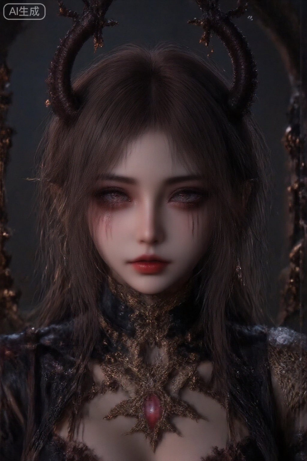 Slaanesh,一个女妖,面部湿润,红晕,眼睛发光,舌头,眼部下方有图腾纹,克苏鲁元素,章鱼触角,汗渍,粘液