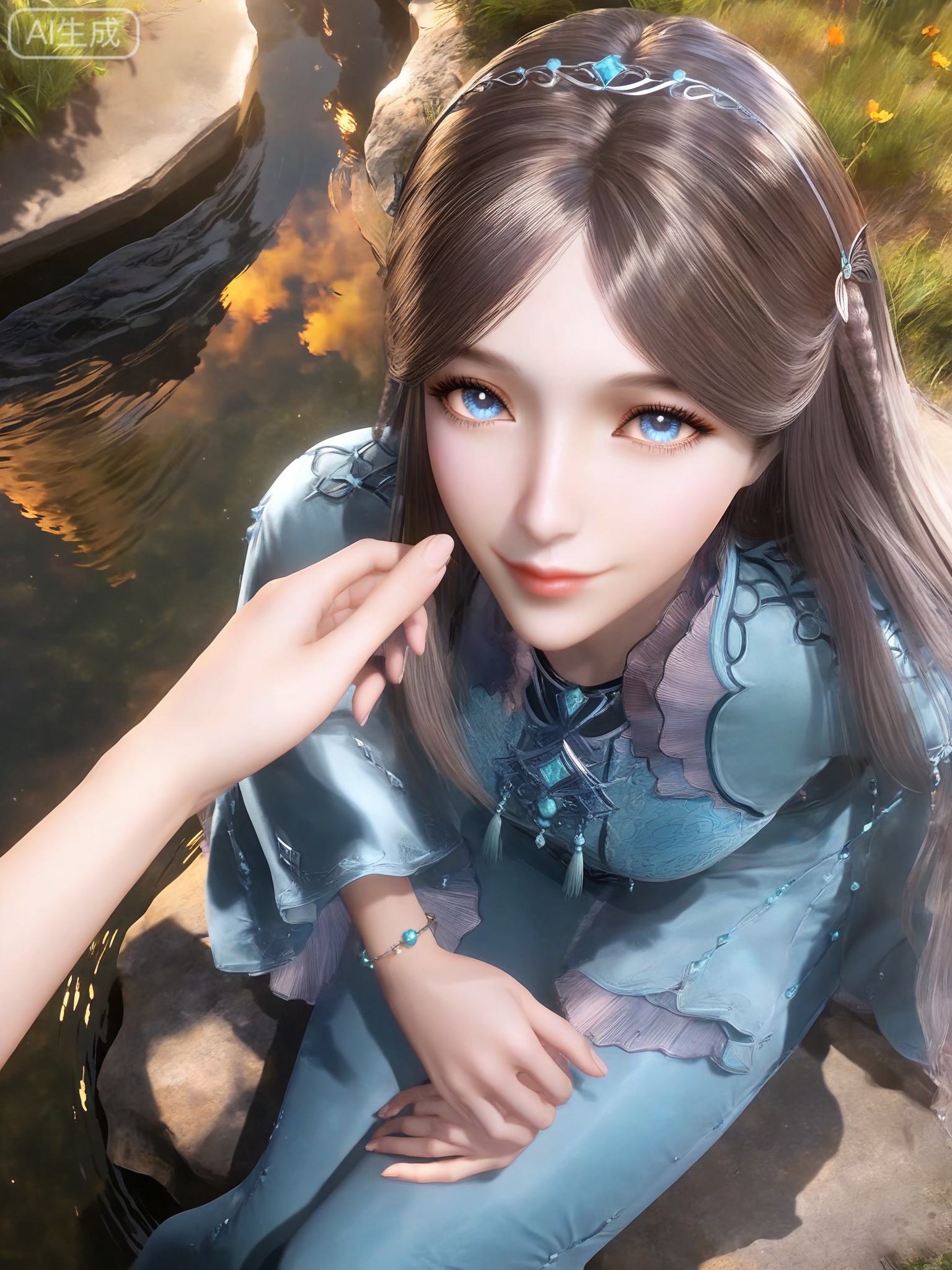 masterpiece,(best quality),(intricate details:0.9) BREAK (intricate details:0.9),(realistic skin:1.2),masterpiece,best quality,newest,absurdres,hiahres,1girl,solo,jewelry,hair ornament,long hair,dress,necklace,lips,eyeshadow,bracelet,tassel,(8k ultra-clear, pony style),photo pose 0.6, micro-expression: soft smile 0.3, half-body + medium shot 0.7,1girl,solo.looking_at_viewer,realistic,photorealistic,Vivid Colors,bright environment,shiny skin,shiny hairjewelry,detail eyes,Eyes highlights,glowing,sunshine,bright,reflection,bright,sunshine on face,shiny,shinny,petite,thin,leg slimming,lose weight,slim hips,lakeside,delicate water,reflection,(full body:0.8)sitting_down,eyelashes,