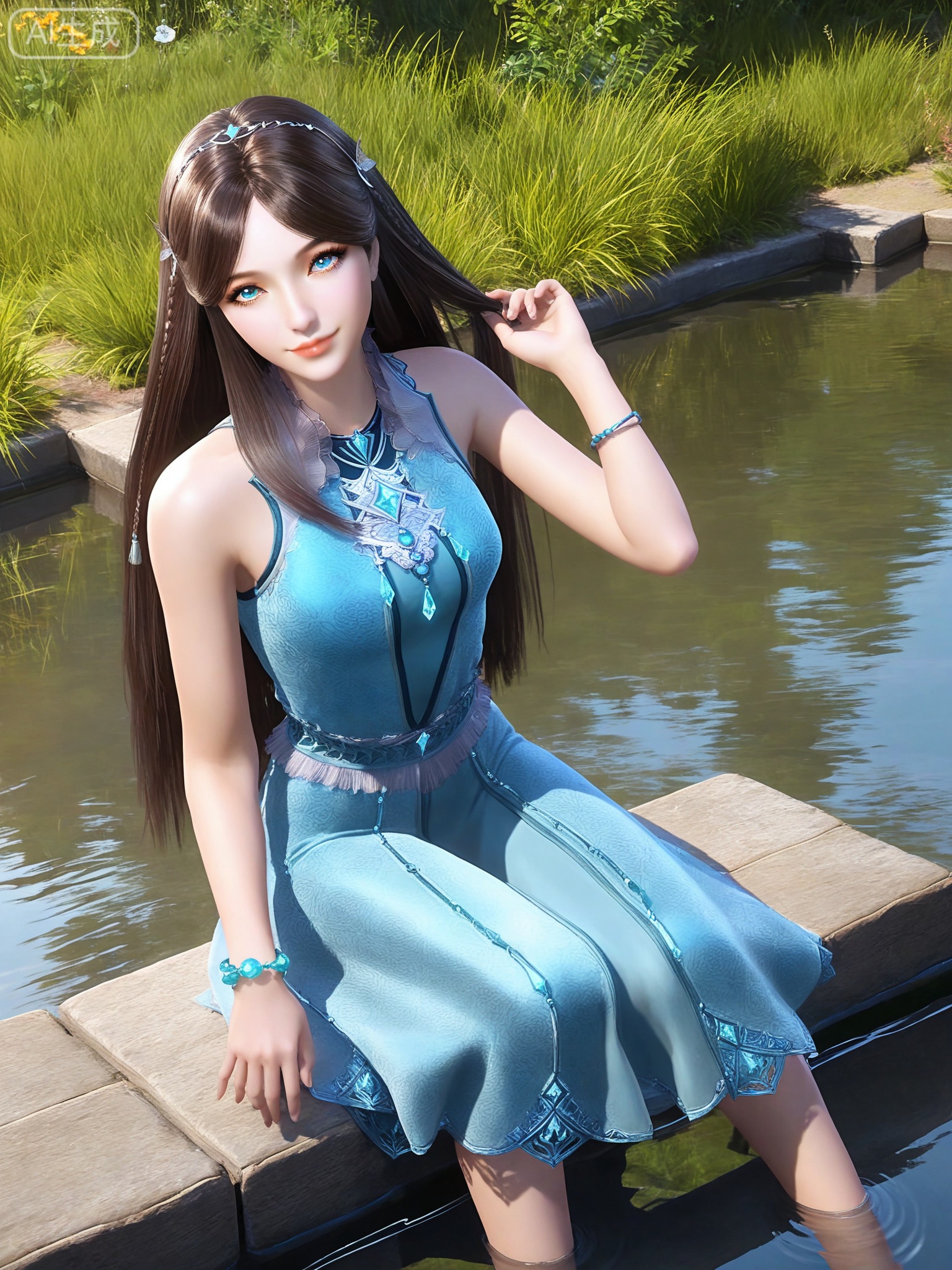 masterpiece,(best quality),(intricate details:0.9) BREAK (intricate details:0.9),(realistic skin:1.2),masterpiece,best quality,newest,absurdres,hiahres,1girl,solo,jewelry,hair ornament,long hair,dress,necklace,lips,eyeshadow,bracelet,tassel,(8k ultra-clear, pony style),photo pose 0.6, micro-expression: soft smile 0.3, half-body + medium shot 0.7,1girl,solo.looking_at_viewer,realistic,photorealistic,Vivid Colors,bright environment,shiny skin,shiny hairjewelry,detail eyes,Eyes highlights,glowing,sunshine,bright,reflection,bright,sunshine on face,shiny,shinny,petite,thin,leg slimming,lose weight,slim hips,lakeside,delicate water,reflection,(full body:0.8)sitting_down,eyelashes,