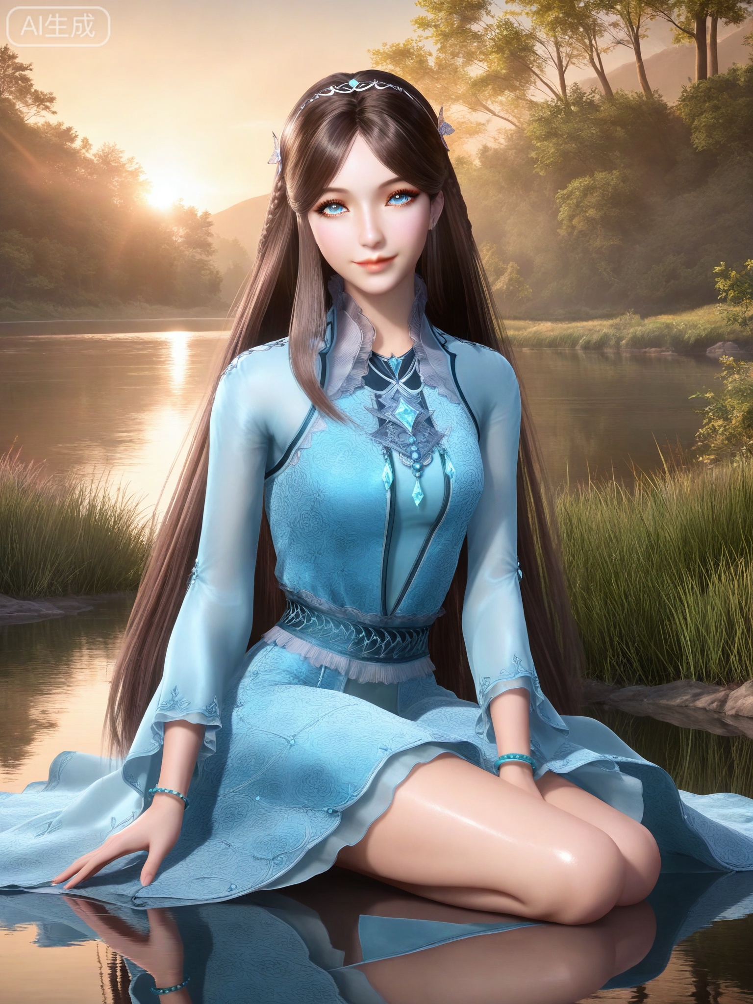 masterpiece,(best quality),(intricate details:0.9) BREAK (intricate details:0.9),(realistic skin:1.2),masterpiece,best quality,newest,absurdres,hiahres,1girl,solo,jewelry,hair ornament,long hair,dress,necklace,lips,eyeshadow,bracelet,tassel,(8k ultra-clear, pony style),photo pose 0.6, micro-expression: soft smile 0.3, half-body + medium shot 0.7,1girl,solo.looking_at_viewer,realistic,photorealistic,Vivid Colors,bright environment,shiny skin,shiny hairjewelry,detail eyes,Eyes highlights,glowing,sunshine,bright,reflection,bright,sunshine on face,shiny,shinny,petite,thin,leg slimming,lose weight,slim hips,lakeside,delicate water,reflection,(full body:0.8)sitting_down,eyelashes,