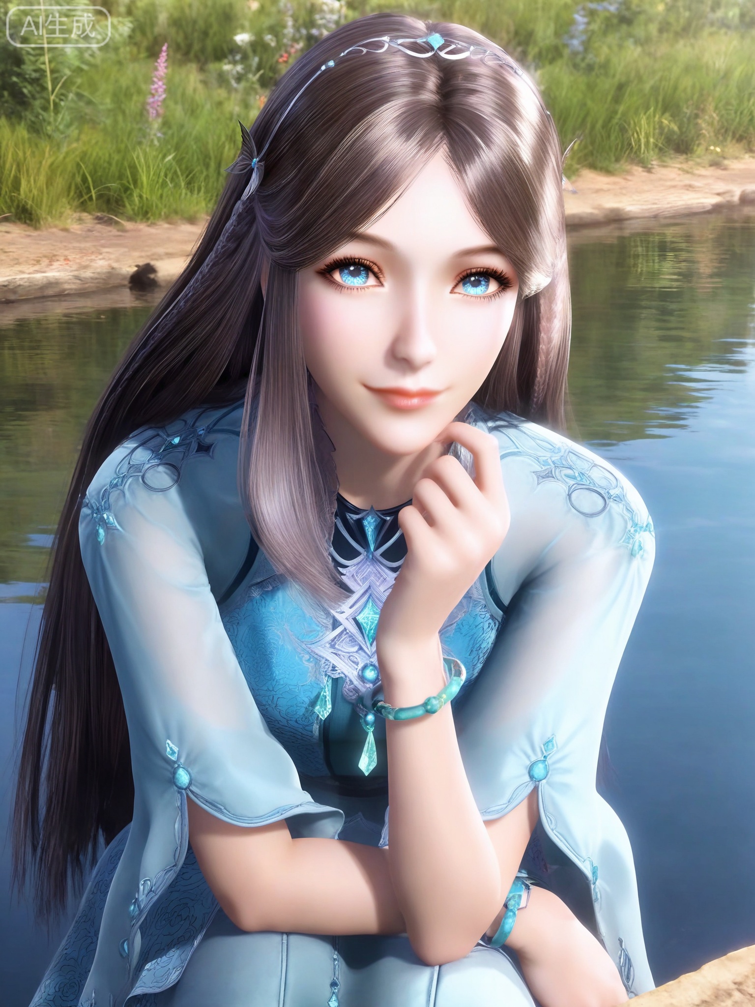 masterpiece,(best quality),(intricate details:0.9) BREAK (intricate details:0.9),(realistic skin:1.2),masterpiece,best quality,newest,absurdres,hiahres,1girl,solo,jewelry,hair ornament,long hair,dress,necklace,lips,eyeshadow,bracelet,tassel,(8k ultra-clear, pony style),photo pose 0.6, micro-expression: soft smile 0.3, half-body + medium shot 0.7,1girl,solo.looking_at_viewer,realistic,photorealistic,Vivid Colors,bright environment,shiny skin,shiny hairjewelry,detail eyes,Eyes highlights,glowing,sunshine,bright,reflection,bright,sunshine on face,shiny,shinny,petite,thin,leg slimming,lose weight,slim hips,lakeside,delicate water,reflection,(full body:0.8)sitting_down,eyelashes,