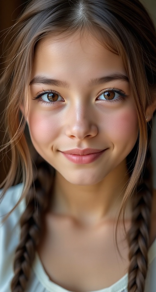 Create a realistic photograph of a solo 1girl looking directly at the viewer with a shy smile. She has long braids of brow...