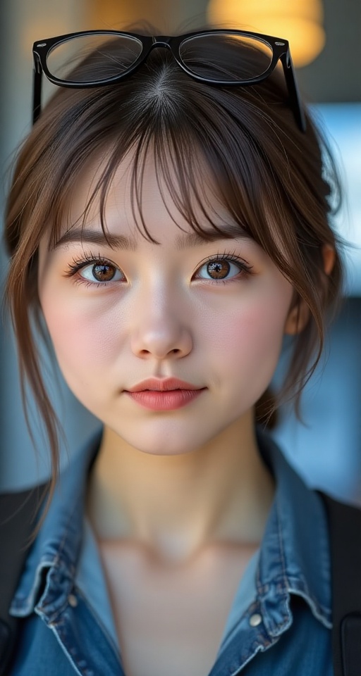Generate a real-world photograph realistic photography 1girl solo looking at viewer smile short hair eyewear,  brown hair...