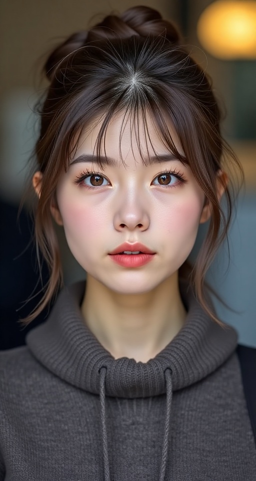 Generate a real-world photograph realistic photography 1girl solo looking at viewer smile bun hair brown hair brown eyes c...