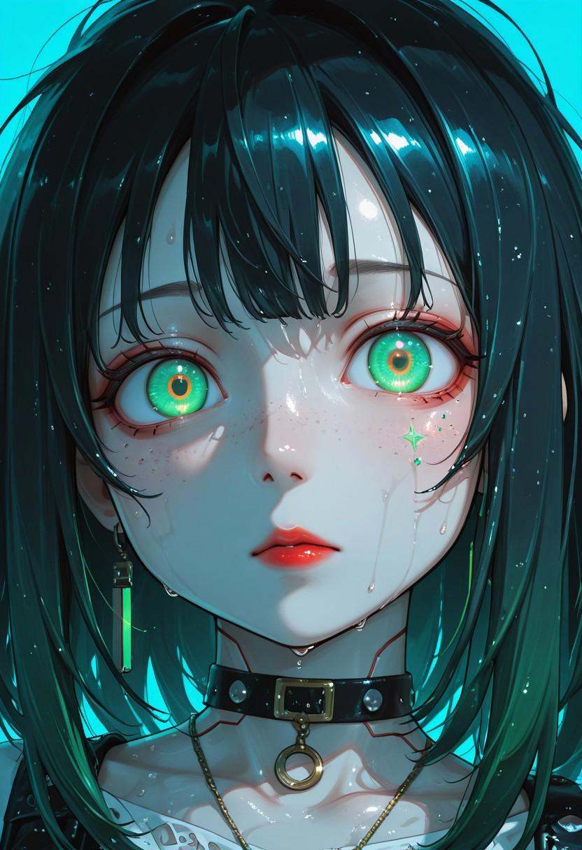 seuraisag0,  close-up portrait of an incredibly beautiful young woman with white porcelain skin and glowing green eyes,  g...