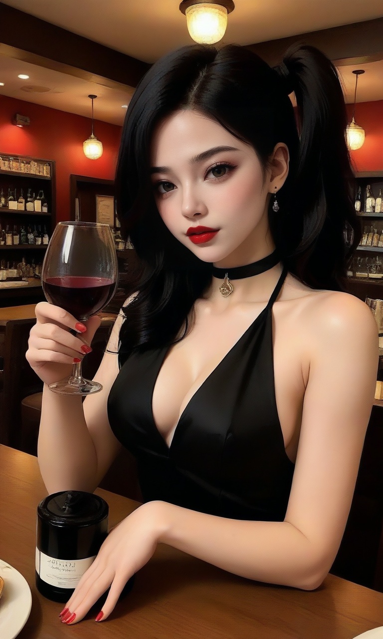 A luxurious restaurant setting with a lone figure: a girl with black hair styled in a side ponytail,  hinting at red hair...