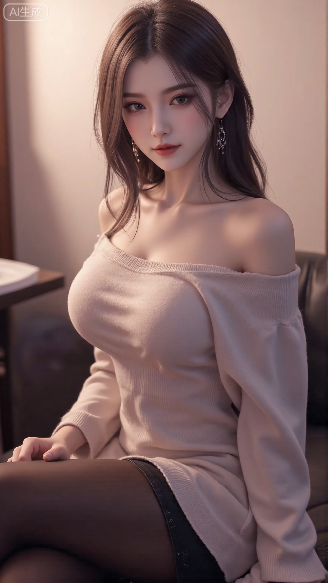 1girl, solo, long hair, looking at viewer, smile, sitting, collarbone, off shoulder, sweater, messy hair, realistic