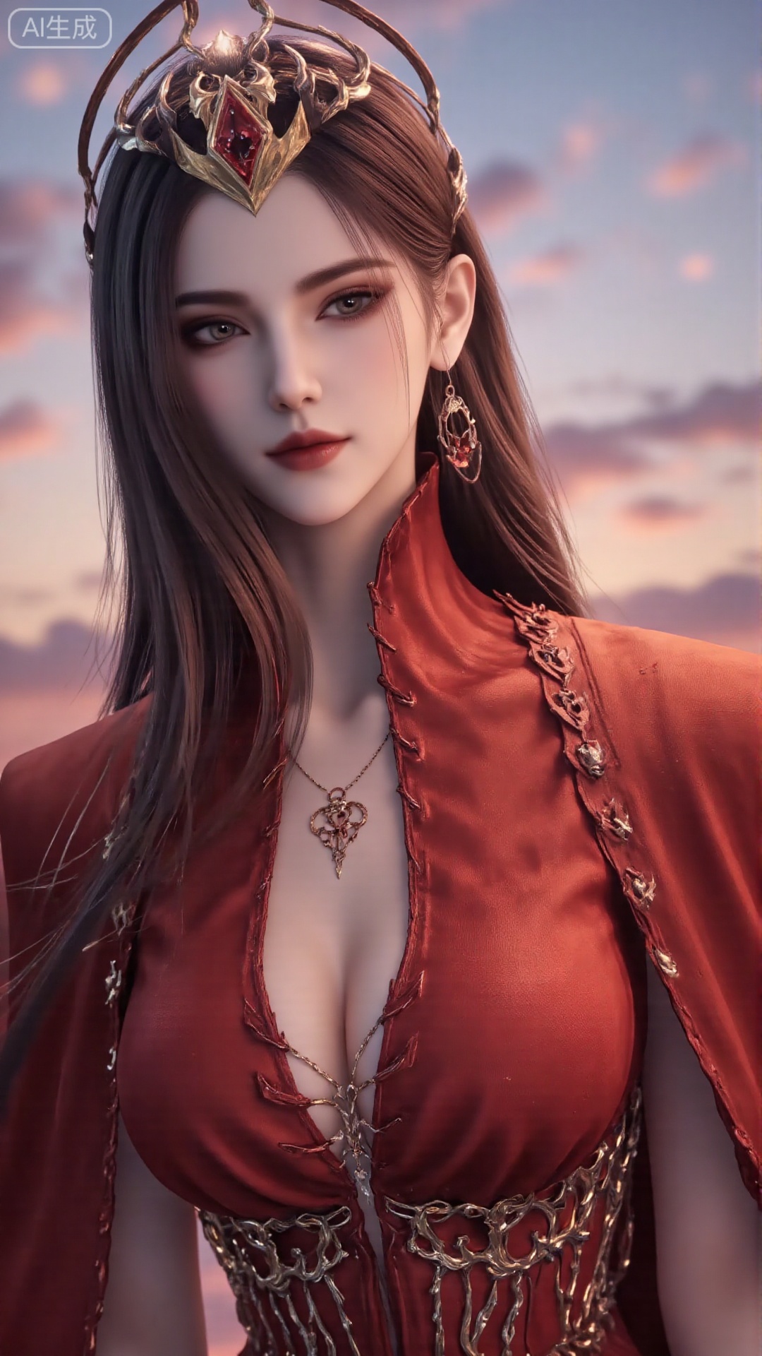1girl, long hair, solo, dress, hair ornament, black hair, mischevious smile, perfect body, scenery, sharp focus, best quality, masterpiece, detailed outfit, illustration, perfect eyes, finely detailed beautiful anime eyes, realistic skin, intricate details, best lighting, depth of field, ultra high resolution, sitting