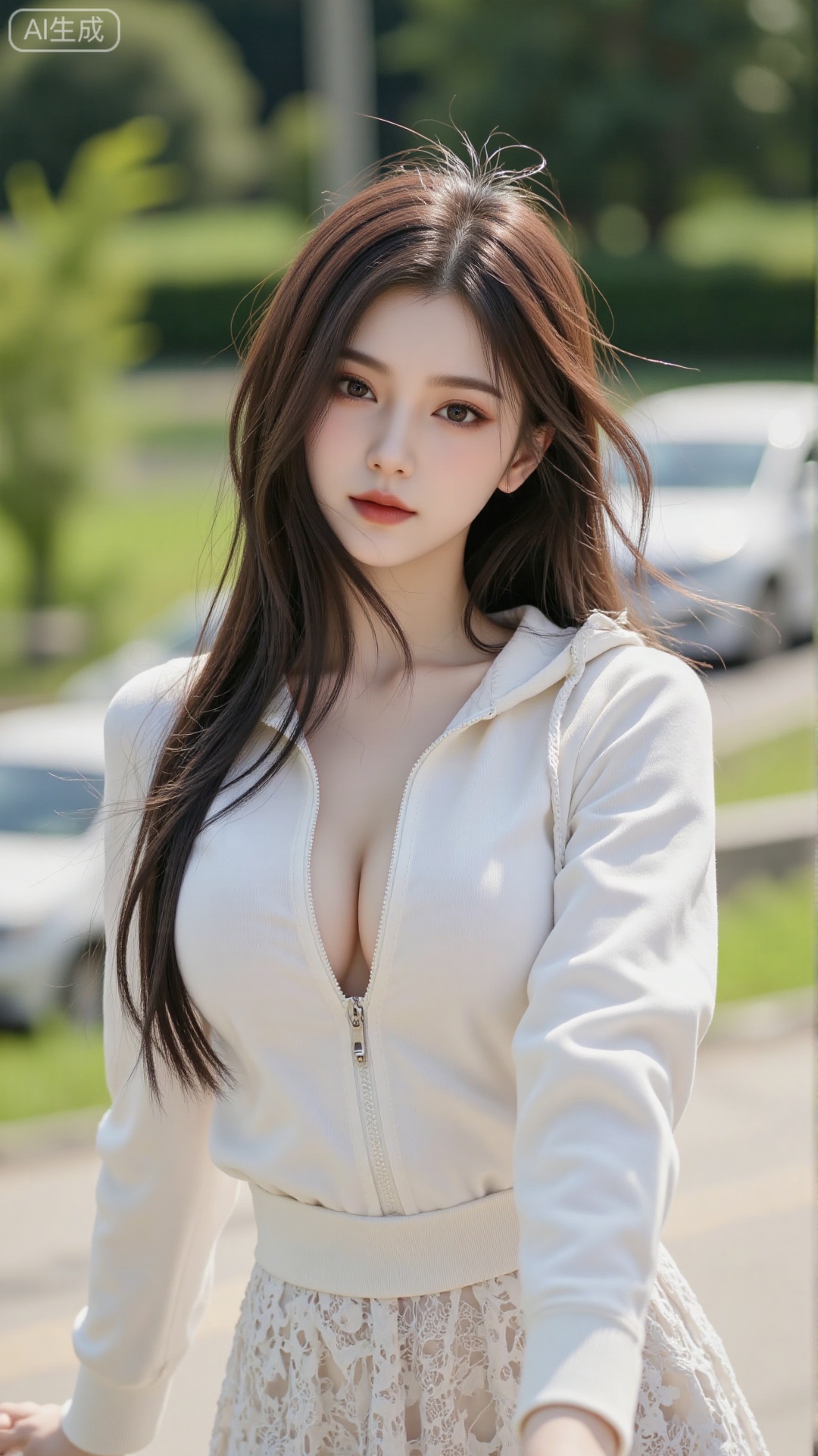 The scene focuses on a long-haired beauty slightly tipsy under the sun, her hair messy and disheveled, half obscuring her face. The background creates a serene atmosphere, with soft light outlining the contours of her hair, her face clear and elegantly lined. Using a close-up lens, her expression is delicate and natural, her gaze mysterious, reminiscent of a master's classic work, full of elegance. A beautiful, cute, stylish, and sexy girl’s face, portrait, professional photography, detailed and thickly applied makeup, cool fair skin, fill light. Visual impact. No top on, (Big breasts:1.4), cleavage.
Ultra-high-definition Japanese-style fresh panoramic perspective, bright and fresh tones mainly green and white, natural soft light and shadow, sunlight sprinkles on the subject and the environment. Young Chinese women have white and smooth faces, curved eyebrows and eyes, slightly narrowed their eyes, smiles brightly,  wearing a white hooded zipper sweatshirt with white lace skirt and light blue sneakers, casual and sweet. Capture the face with uniform light and shadow, delicate texture, central composition highlights the harmony between the subject and the background. Open arms and lean back, stretching posture and interacting with space, relaxed atmosphere, life feels so strong, story is strong, stylized and tense, fresh and bright filter.