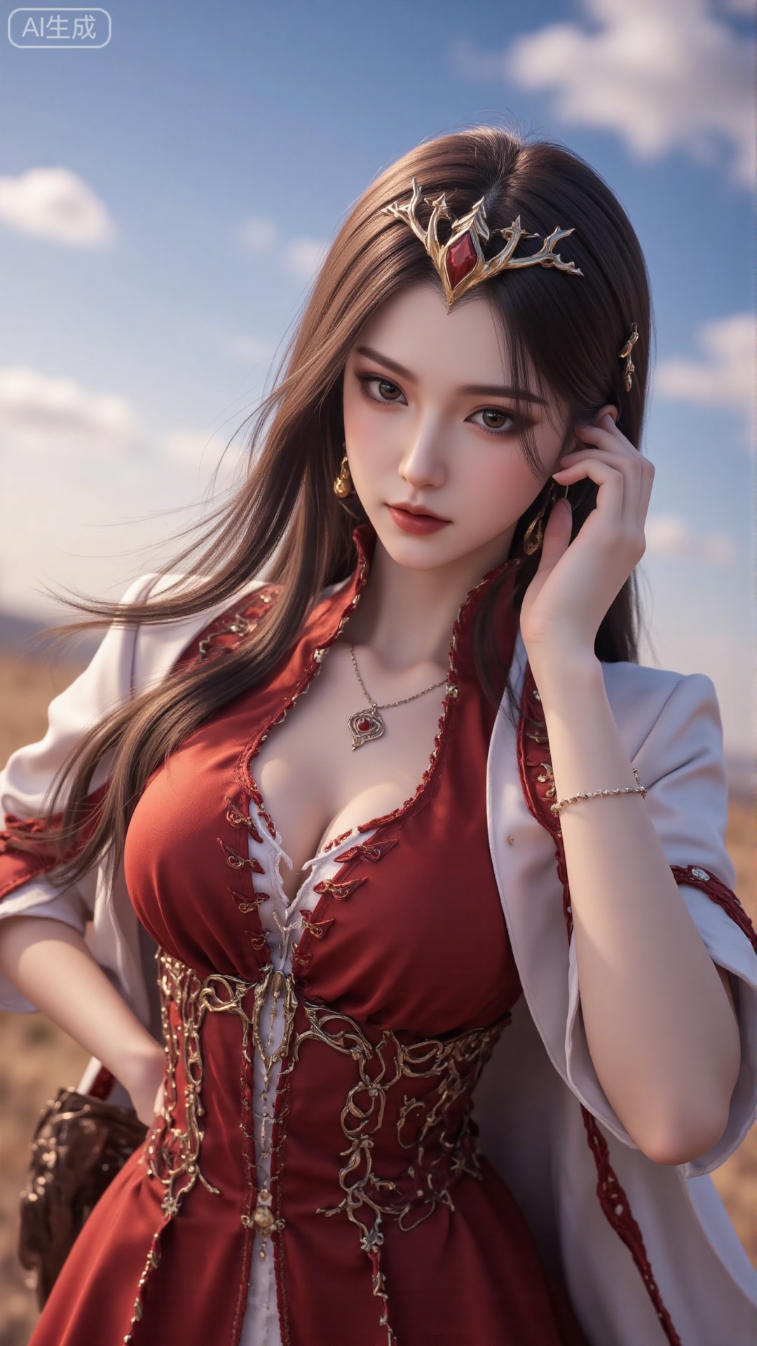1girl, long hair, solo, dress, hair ornament, black hair, mischevious smile, perfect body, scenery, sharp focus, best quality, masterpiece, detailed outfit, illustration, perfect eyes, finely detailed beautiful anime eyes, realistic skin, intricate details, best lighting, depth of field, ultra high resolution, cowboy shot