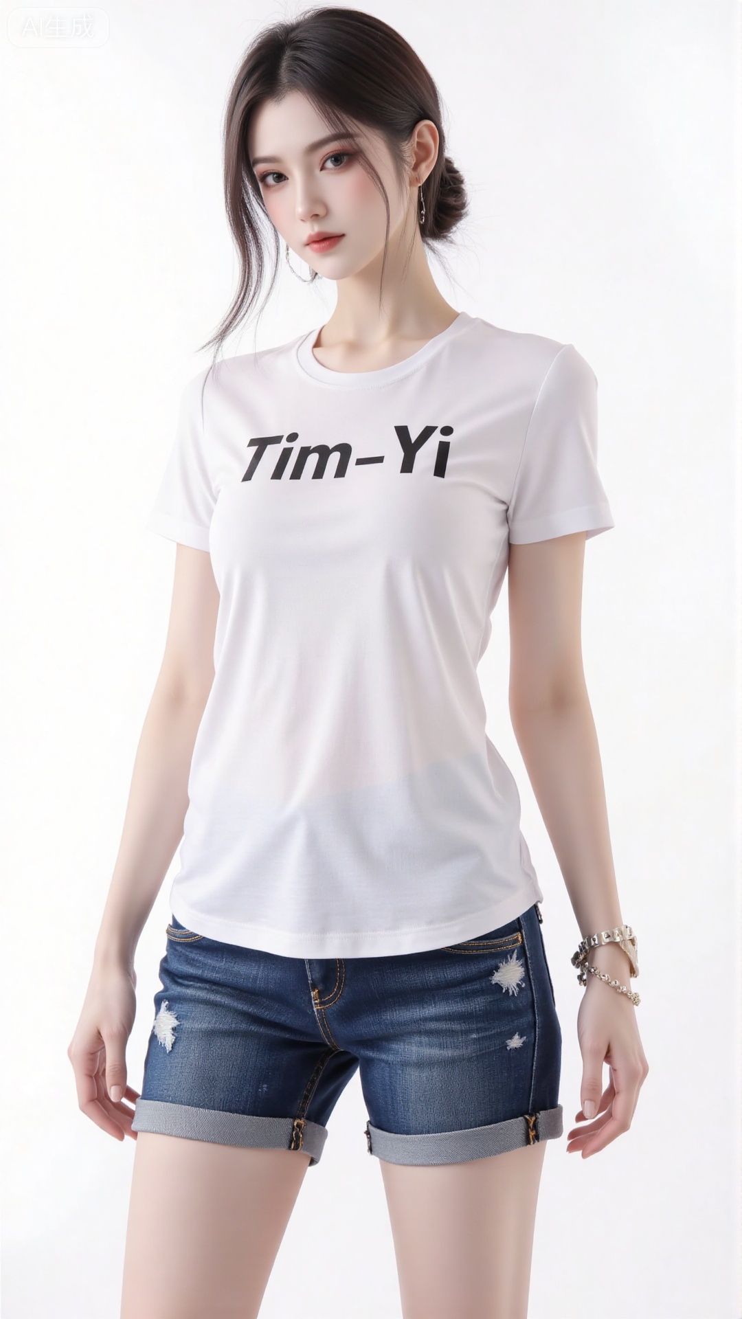 White t-shirt with ”Tim_Yi“ written on it, jeans shorts,1girl