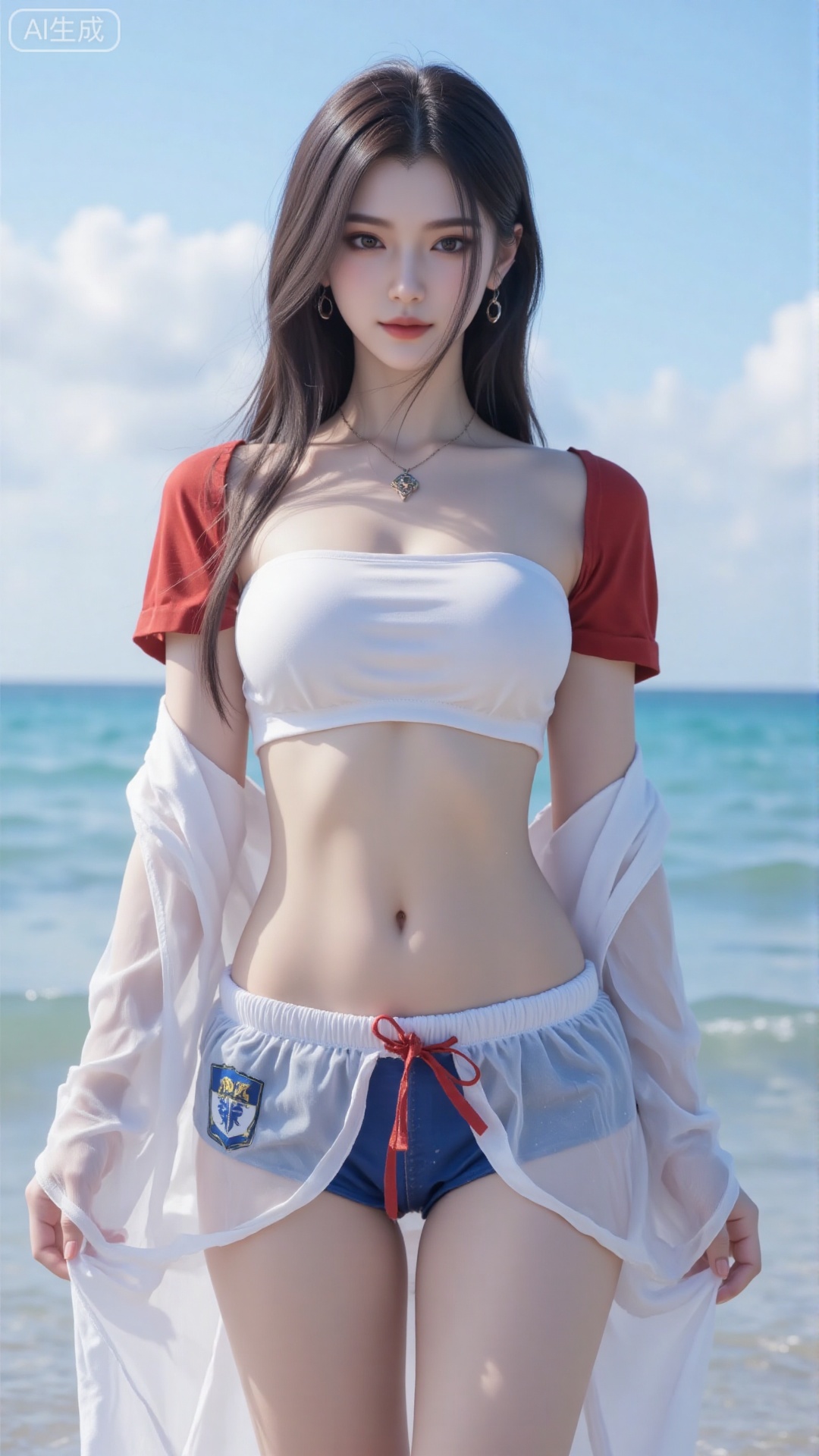 Korean girl, single, showing navel, long hair, thighs, wearing shirt, outdoors, looking at viewer, realistic style, with water and sky, daytime, fair thighs, white tube top, short top, sea, lips, blue sky, short sleeves, smile, clouds, dark eyes, big eyes Eyes, plump breasts, plump breasts, chest, looking at the audience, looking at the screen, bare shoulders, collarbone, standing in the sea, (((upper body red short-sleeved, short top)), (((wearing a translucent The white gauze skirt and blue swimming trunks with the school team logo)) were soaked in the water and were soaked.