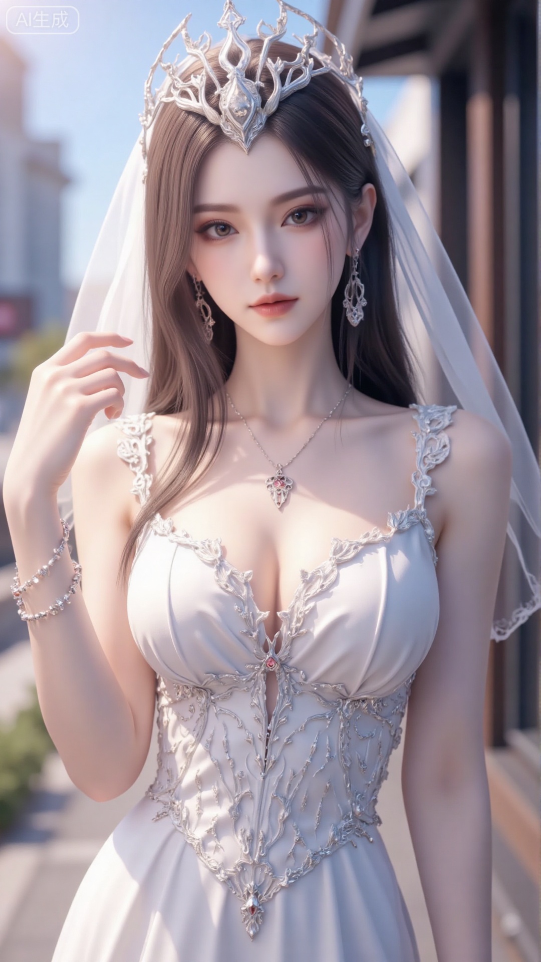 1girl, white wedding dress,looking at viewer, mischevious smile, perfect body, scenery, sharp focus, best quality, masterpiece, detailed outfit, illustration, perfect eyes, finely detailed beautiful anime eyes, realistic skin, intricate details, best lighting, depth of field, ultra high resolution, cowboy_shot, bride