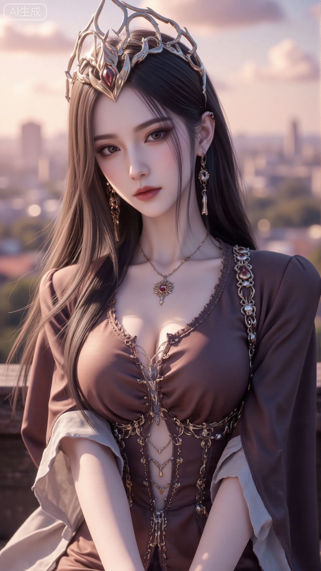 1girl, long hair, solo, dress, hair ornament, black hair, mischevious smile, perfect body, scenery, sharp focus, best quality, masterpiece, detailed outfit, illustration, perfect eyes, finely detailed beautiful anime eyes, realistic skin, intricate details, best lighting, depth of field, ultra high resolution, cowboy shot