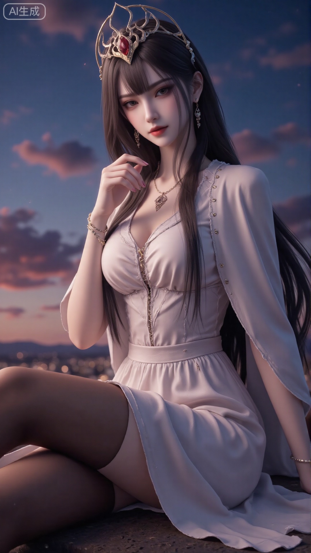 1girl, long hair, solo, dress, hair ornament, black hair, mischevious smile, perfect body, scenery, sharp focus, best quality, masterpiece, detailed outfit, illustration, perfect eyes, finely detailed beautiful anime eyes, realistic skin, intricate details, best lighting, depth of field, ultra high resolution, sitting